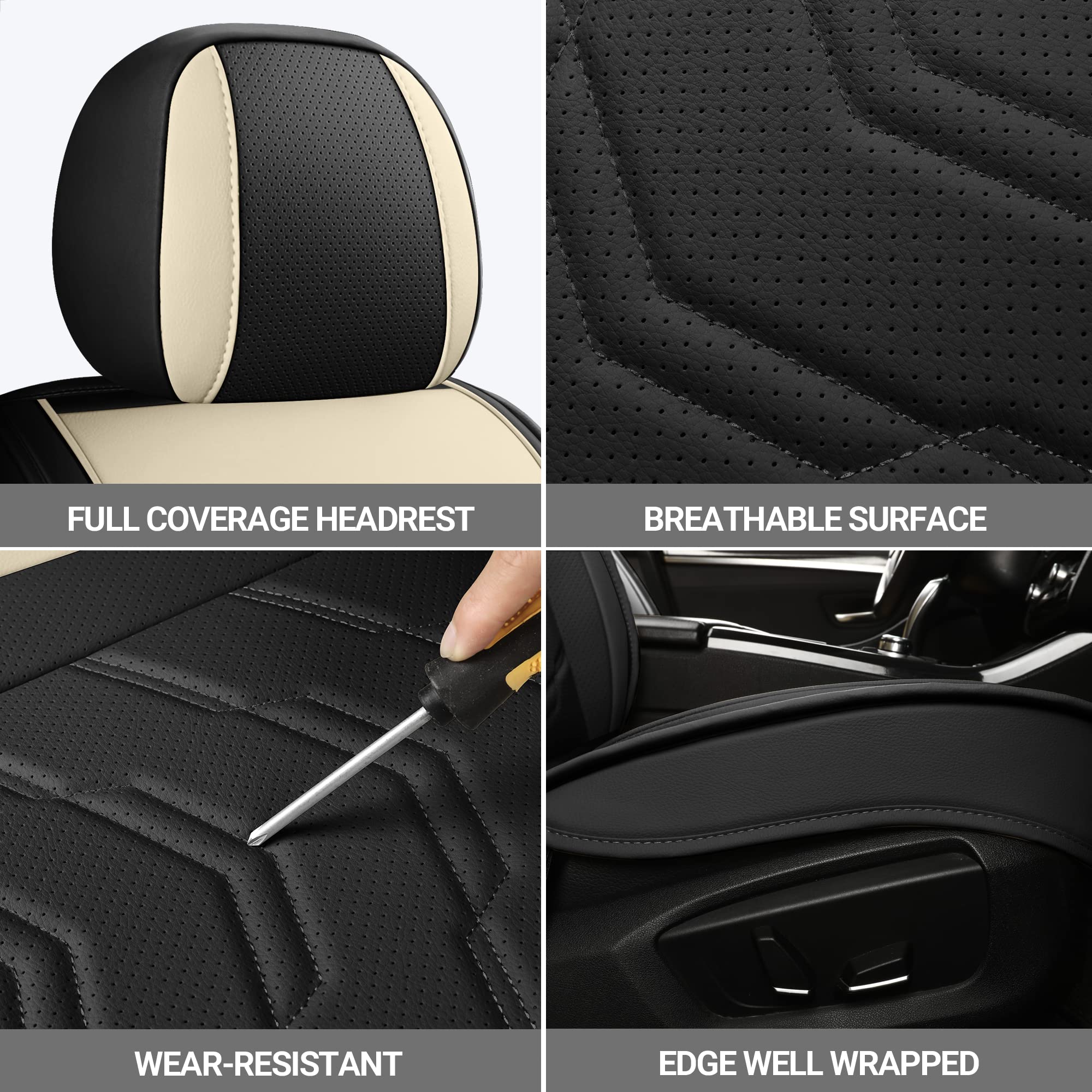 Premium 5-Piece AOOG Leather Car Seat Covers Set - Breathable Faux Leatherette, Non-Slip Waterproof Seat Protectors for Sedans, SUVs & Trucks | Airbag Compatible Beige & Black | Perfect for Daily Commute, Road Trips & Family Travel
