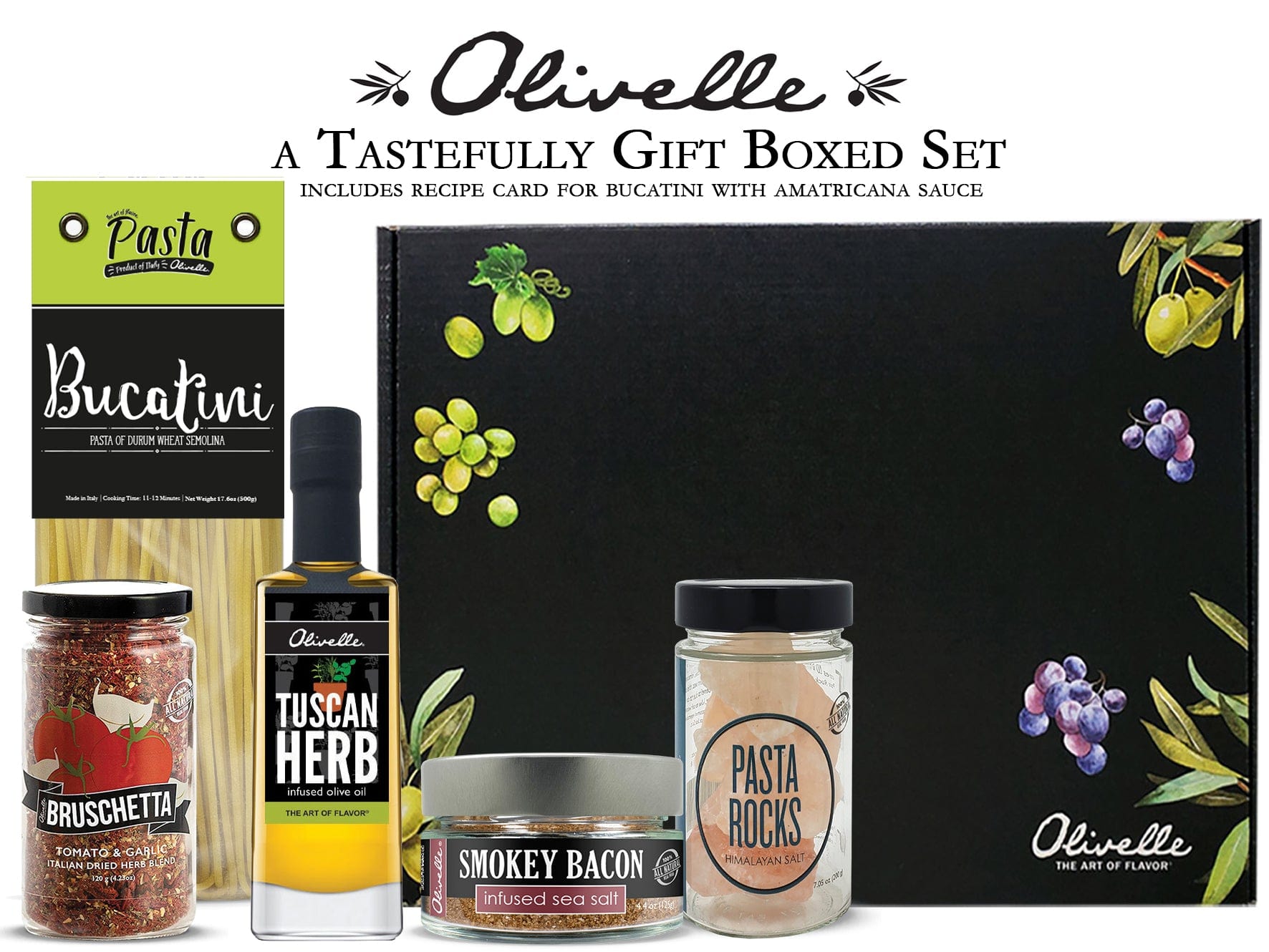 Olivelle Premium Gift Set - Bucatini Pasta, Pasta Rocks, Tuscan Herb Infused Olive Oil, Bruschetta Dried Herb Blend & Smoky Bacon Sea Salt - Perfect for Italian Cooking, Gourmet Gifts & Home Chefs