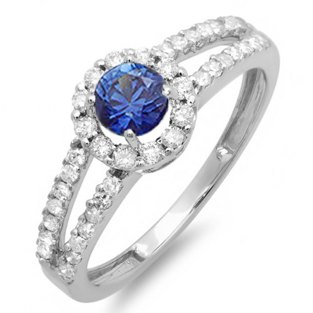 Exquisite 14K Solid White Gold Round Blue Sapphire & White Diamond Halo Engagement Ring for Women | Dazzlingrock Bridal Collection | Perfect for Proposals, Weddings & Anniversary Gifts
