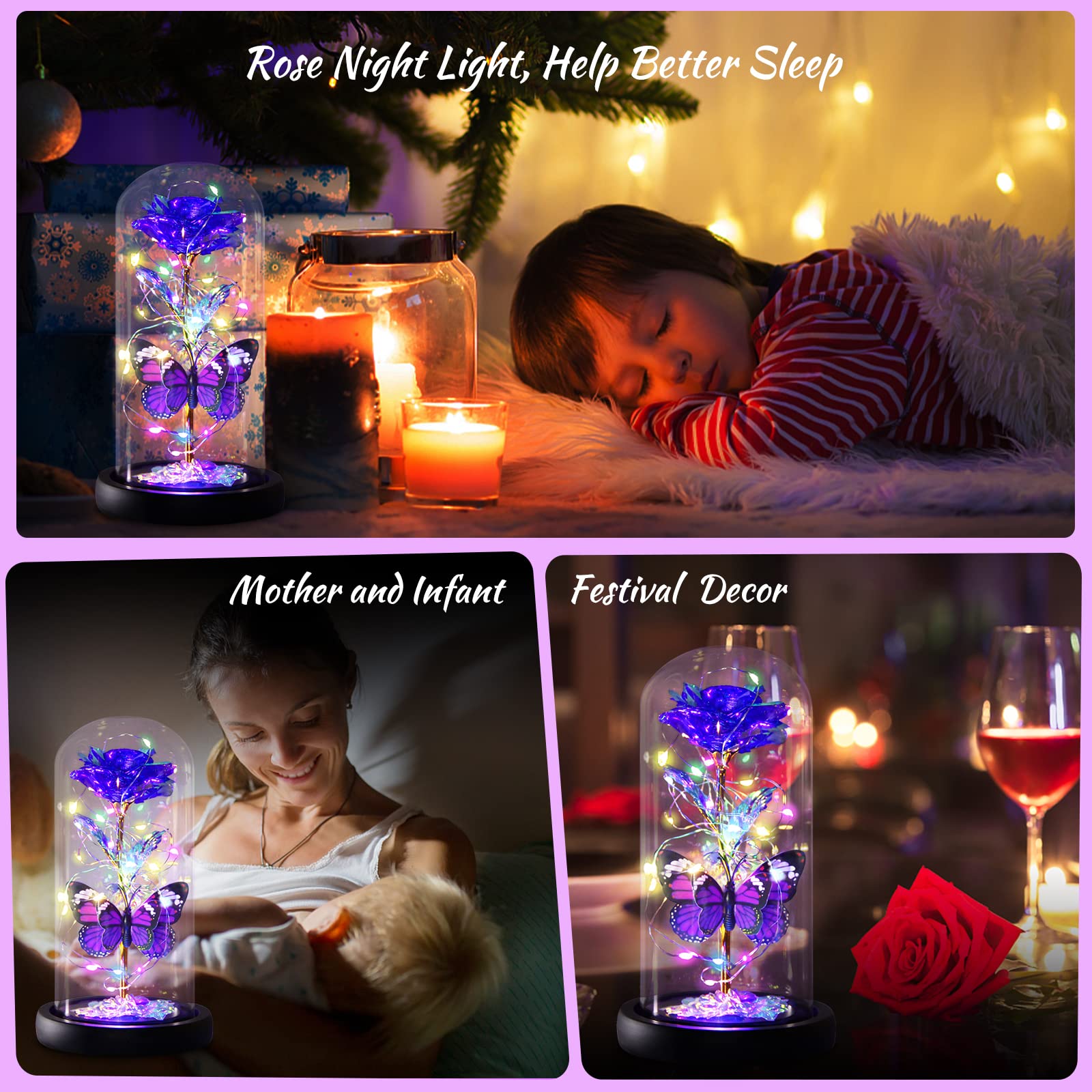 Purple Butterfly Rose Flower Gift - Elegant Light Up Rose for Women, Mom, Wife, Grandma, Girlfriend, Daughter, Sister - Perfect for Birthday, Mother's Day, Valentine's, Anniversary, Christmas & Thanksgiving - Romantic Home Decor & Special Occasion Present