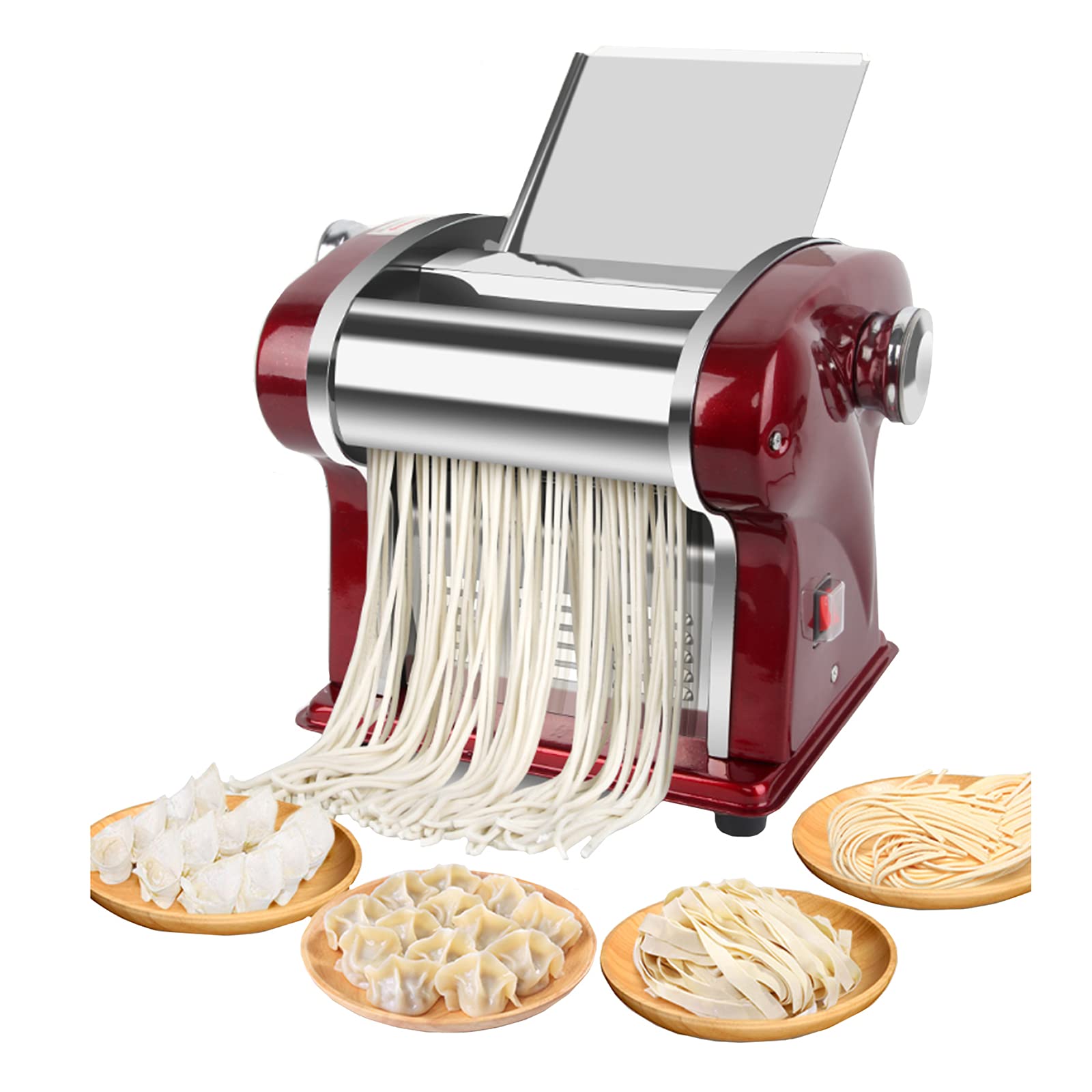Electric Pasta Maker Machine for Home & Commercial Use - Fresh Noodle Dough Press with 2 Built-in Cutters (1.5mm Round & 4mm Flat) & 6 Thickness Settings - Perfect for Italian Restaurants, Home Chefs & Pasta Lovers (Red)