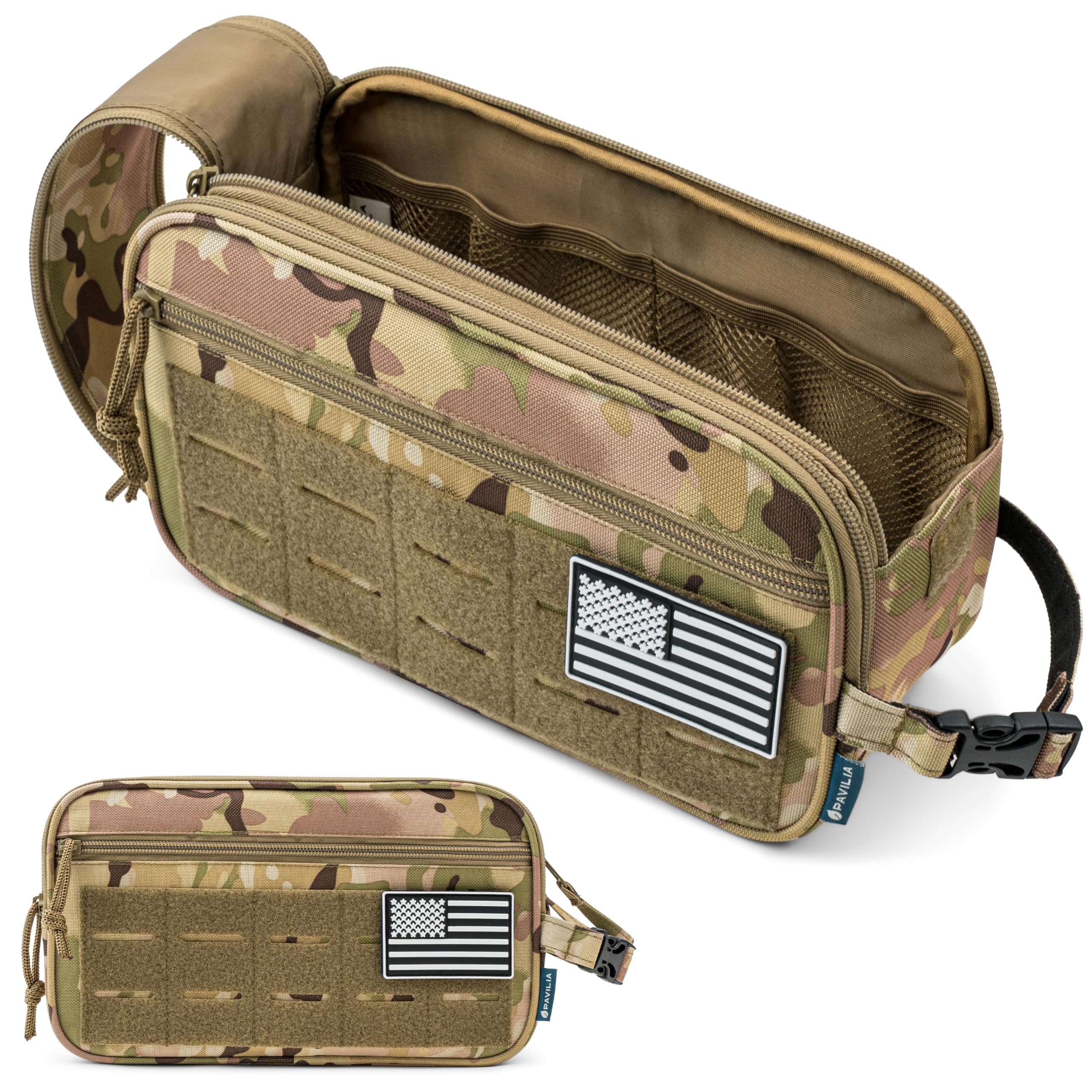 Pavilia Tactical Toiletry Bag for Men - Waterproof Military Dopp Kit with Molle Pouch | Travel Shaving Grooming Essentials Organizer | Compact Bathroom Shower Toiletries Case (Camo) - Perfect for Camping, Gym & Business Trips