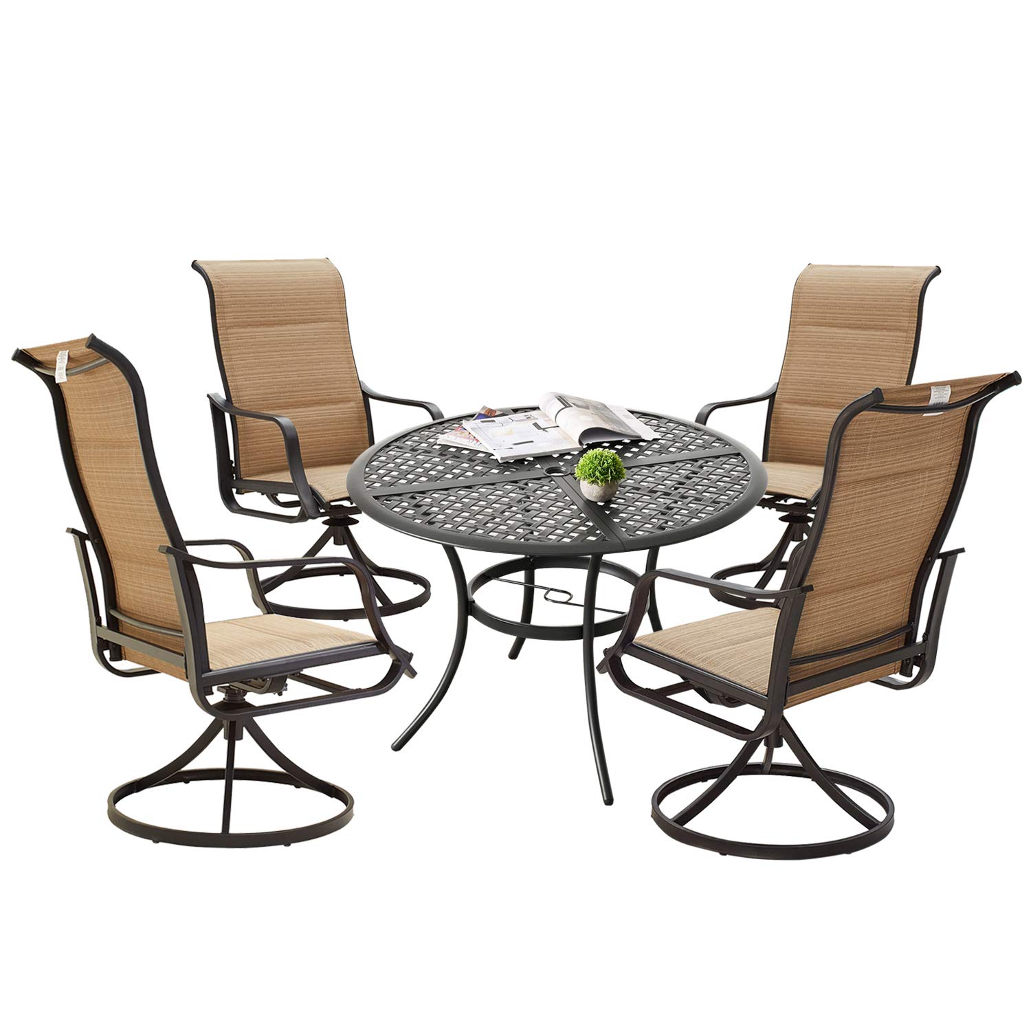 Outdoor Patio Dining Set 5-Piece with Swivel Rocker Chairs & Round Metal Table - All-Weather Beige Furniture for Backyard, Garden, and Poolside Relaxation