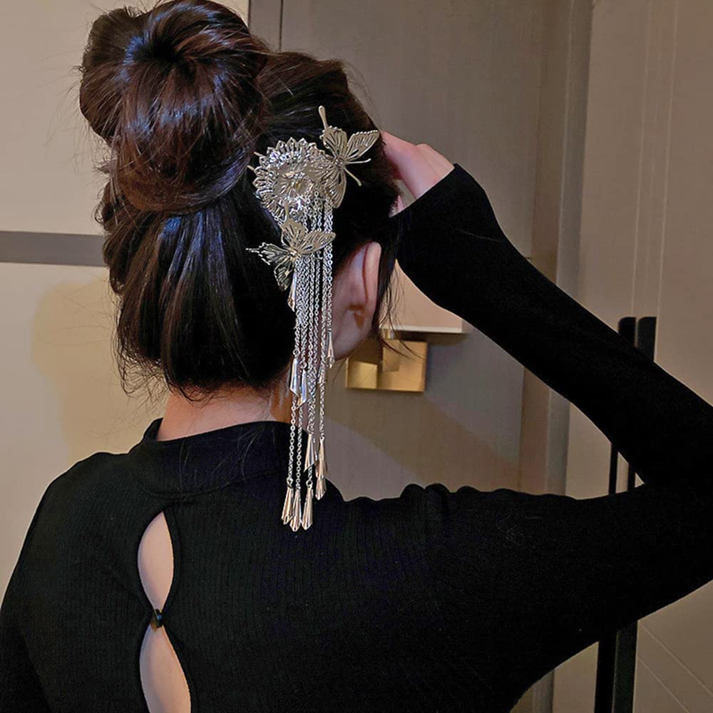 Butterfly Hair Stick with Silver Tassel - Chinese Hairpin for Women & Girls - Wedding & Party Accessory