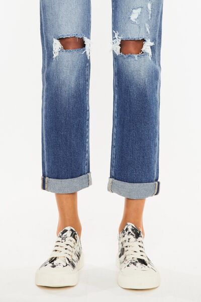 Kancan Women's High Waist Distressed Hem Cropped Straight Jeans - Trendy Denim Pants for Casual Outfits, Street Style & Everyday Wear
