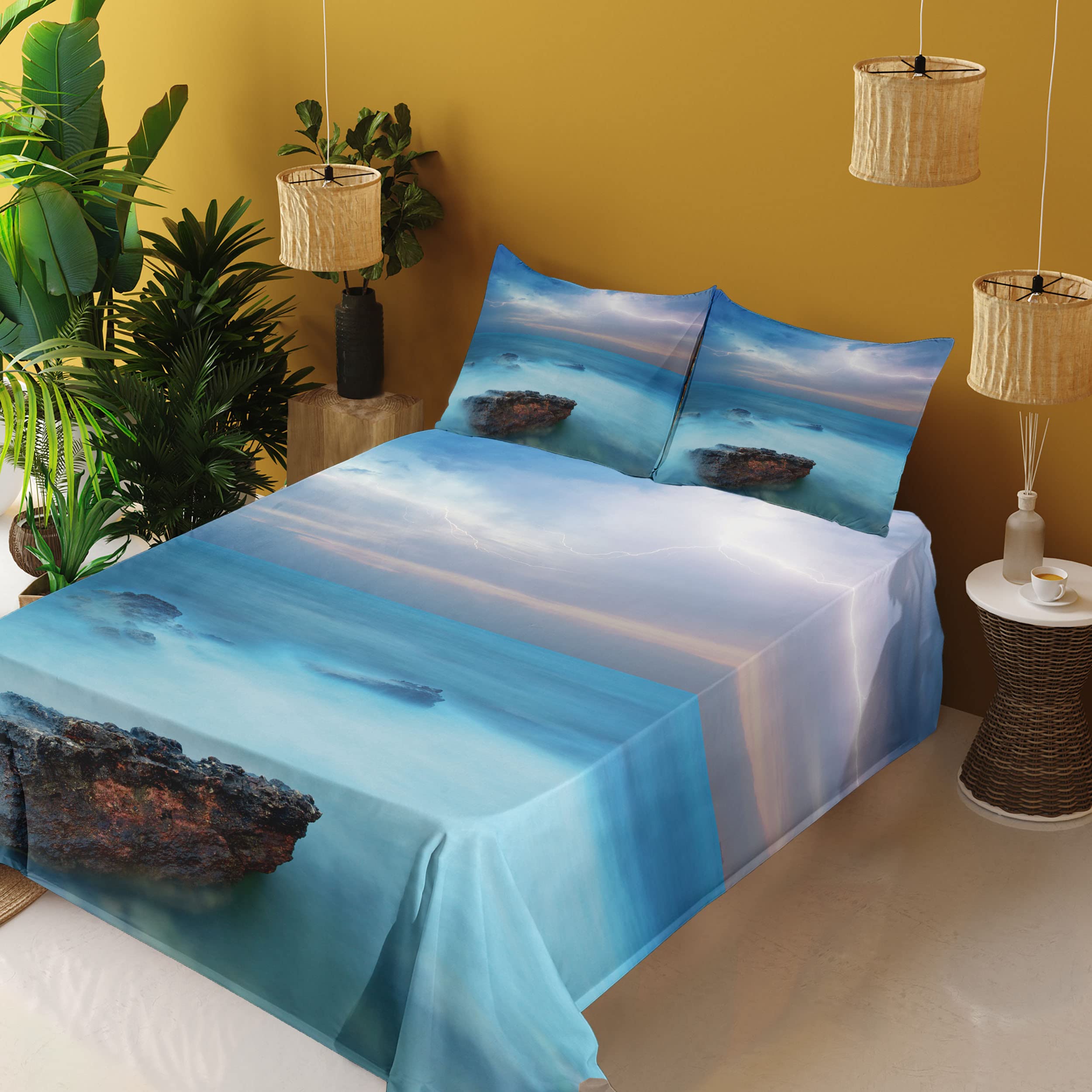 Ambesonne Tropical Ocean & Storm Epic Scenery 4-Piece King Size Bed Sheet Set - Fitted Sheet, Flat Sheet & 2 Pillowcases - Turquoise Coastal Themed Bedding for Beach House, Guest Room & Vacation Home Decor