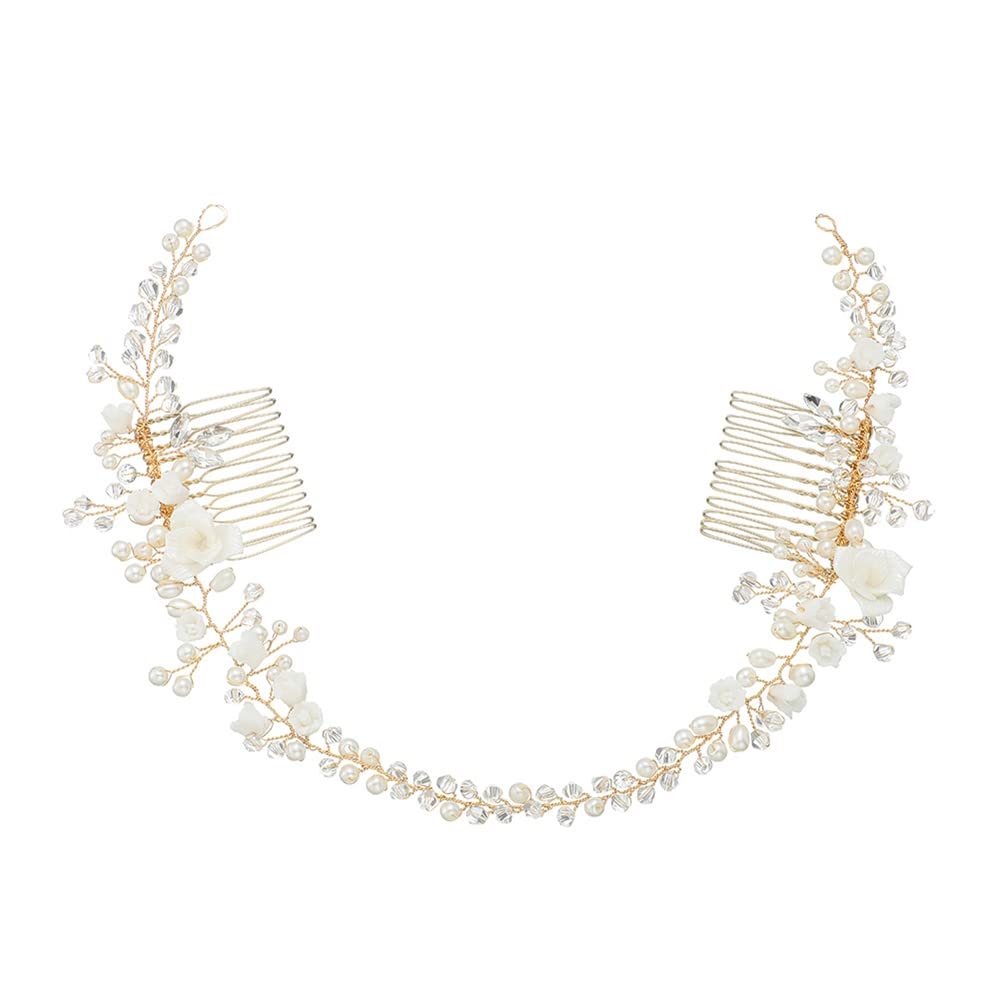 Handmade Crystal Pearls Ceramic Flower Bridal Hair Comb - Elegant Wedding Headband & Tiara for Women - Perfect for Bridal Showers, Weddings, and Formal Events
