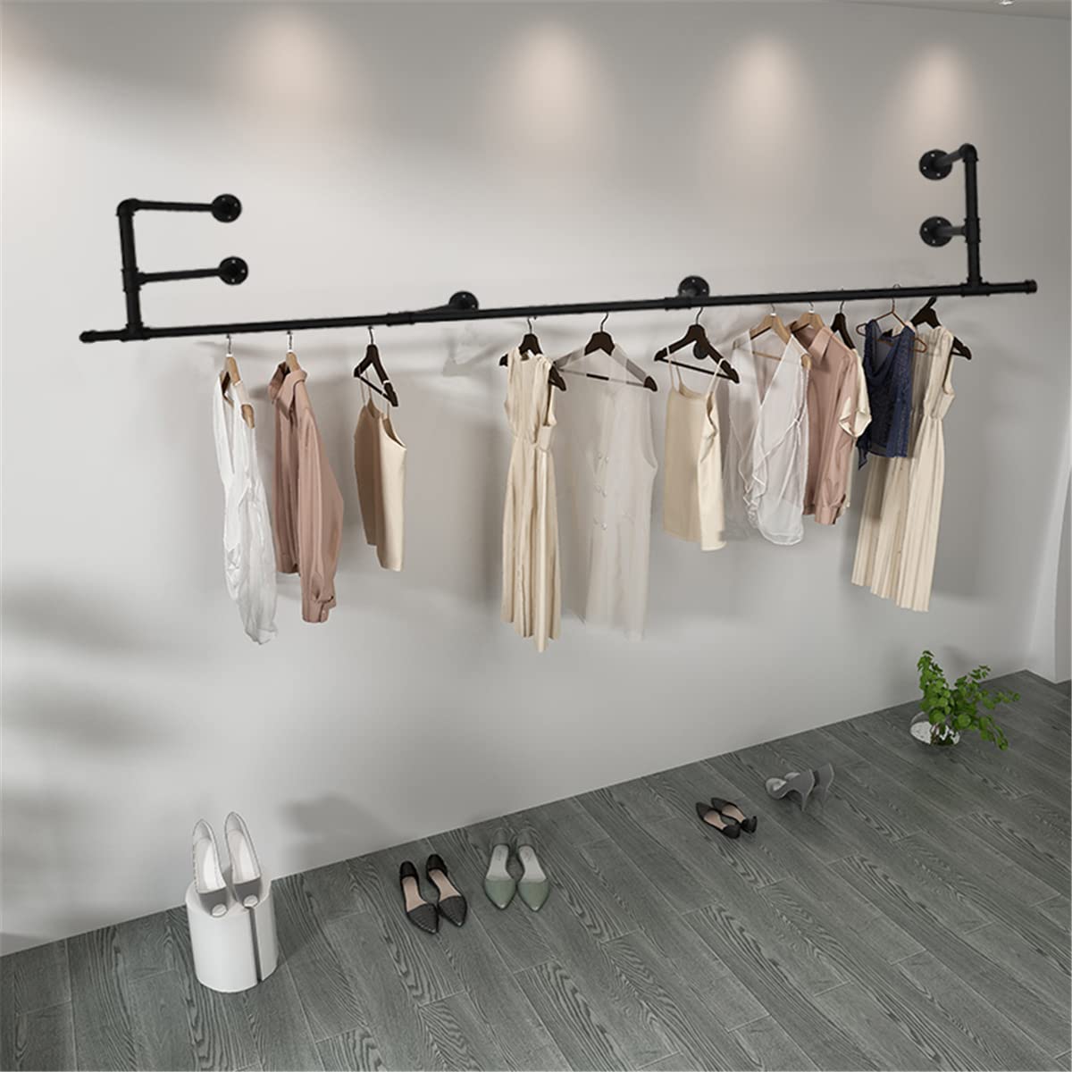 Heavy Duty Industrial Pipe Wall Mounted Garment Rack - 84.6 Inch Detachable Clothes Hanging Rod for Closet, Laundry Room & Retail Display - Multi-Purpose Storage Organization (Black) - Perfect for Small Spaces, Apartment Living & Commercial Use