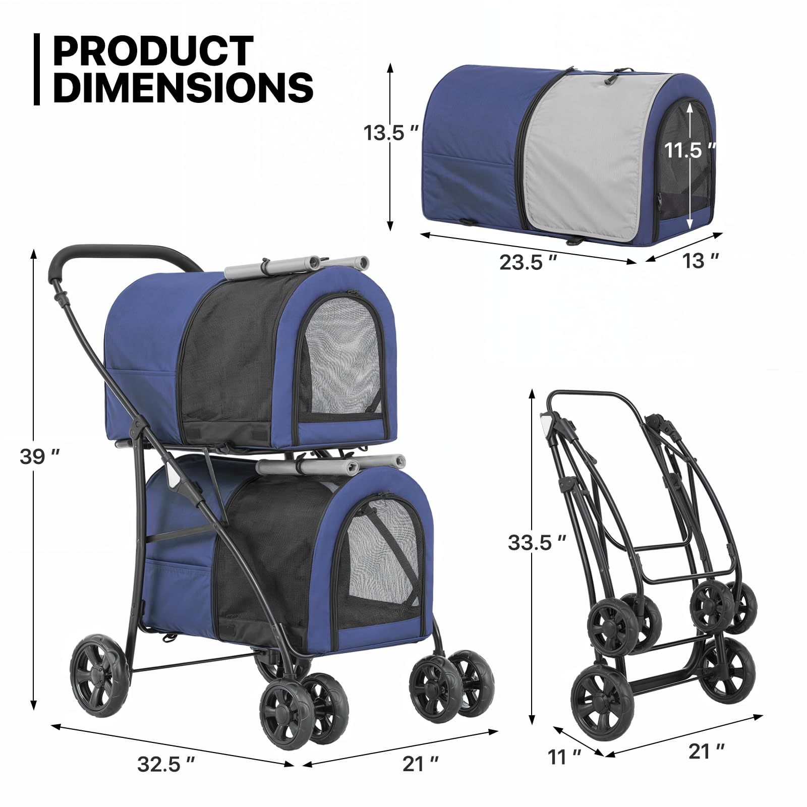 MoNiBloom Double Dog Stroller with Detachable Carrier Bags - Large 4-Wheel Foldable Pet Jogger for Small & Medium Dogs & Cats (Navy Blue/Gray) - Perfect for Outdoor Walks, Park Visits & Vet Appointments