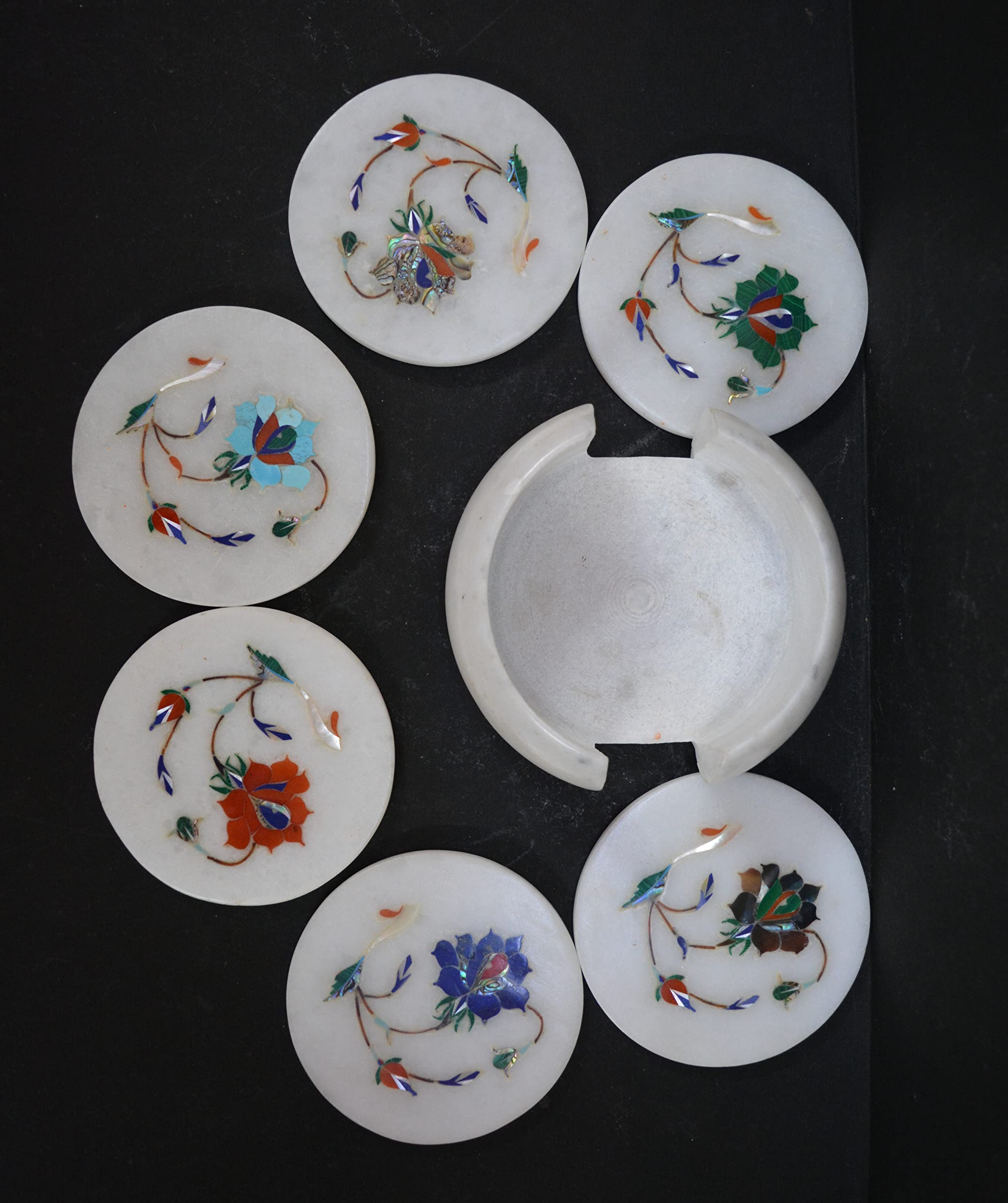 Premium White Marble Drink Coasters Set of 6 with Holder - Elegant Marble Inlay Table Coasters for Wine, Coffee & Cocktails - Luxury Home Bar & Dining Table Accessories for Parties & Entertaining
