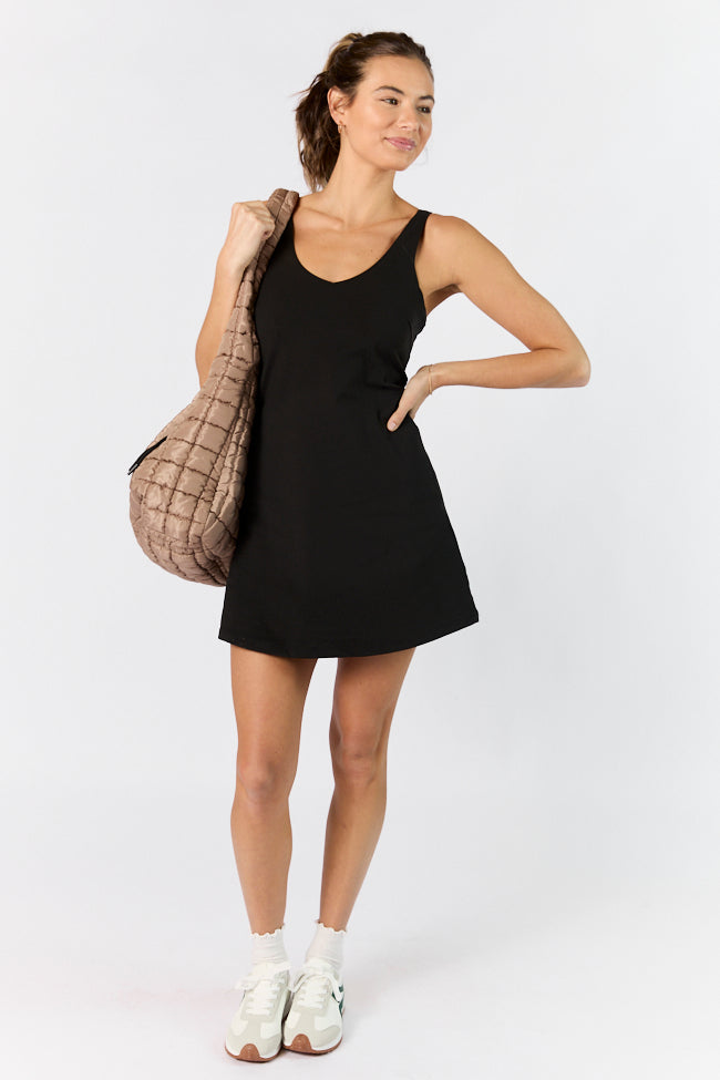 Active Vibe Black V-Neck Active Dress with Built-in Shorts - Perfect for Yoga, Running & Gym Workouts