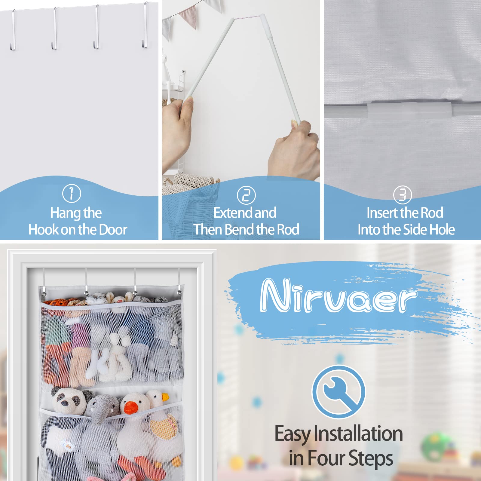 Over The Door Stuffed Animal Storage Organizer - Large White Hanging Toy Organizer for Kids' Room, Nursery, and Playroom Organization