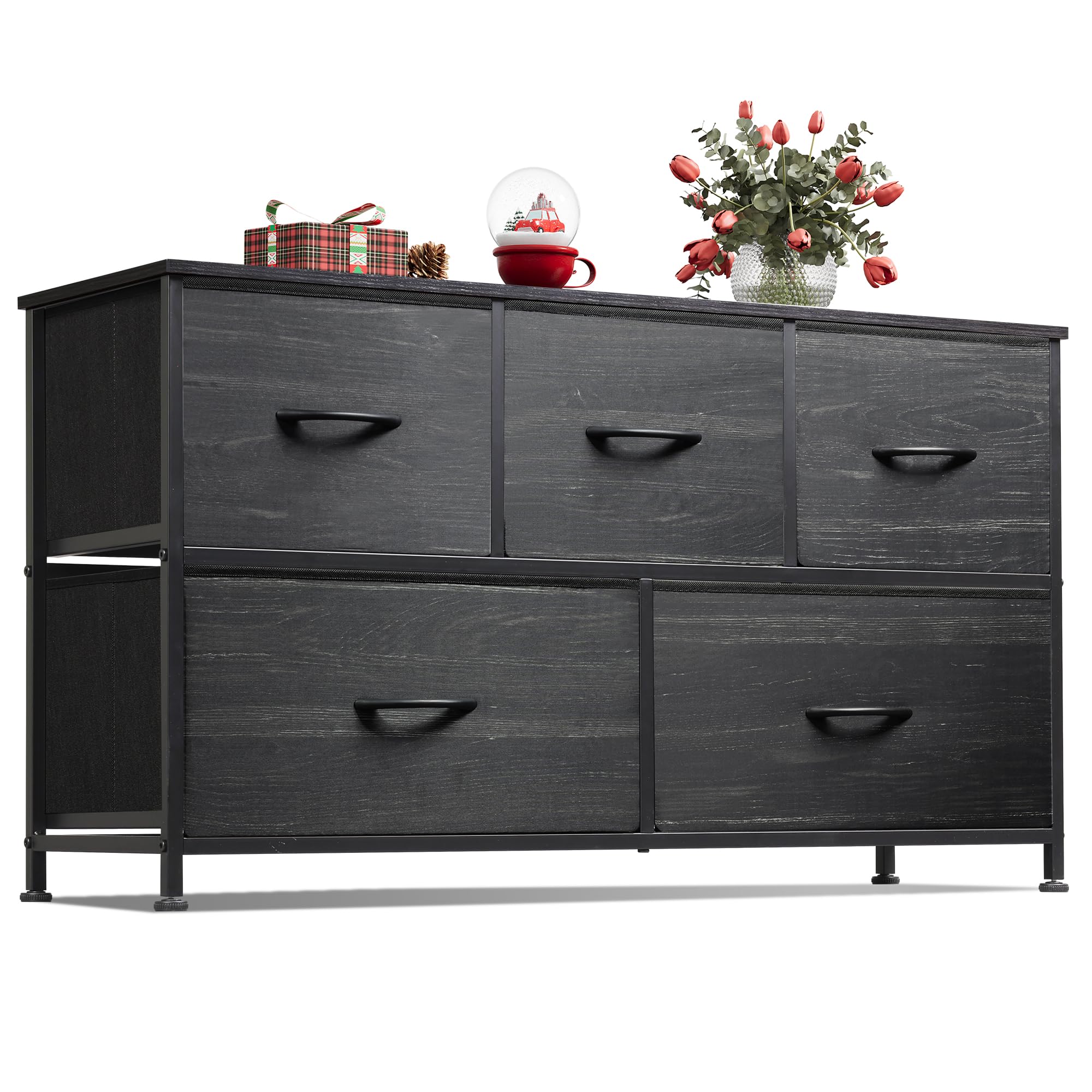 5-Drawer Fabric Dresser for Bedroom Storage - Wide Chest Organizer with Removable Bins - Charcoal Black Wood Grain Print - Perfect for Closet, Living Room & Hallway Organization