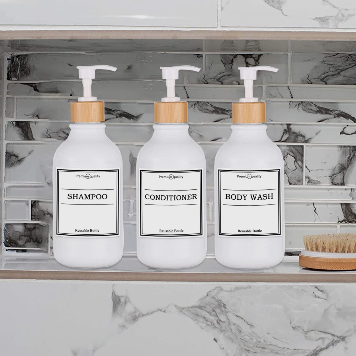 3-Pack 16oz Reusable Shampoo & Conditioner Dispenser Bottles with Pump - BPA-Free Plastic Refillable Containers for Bathroom & Shower - Includes 6 Waterproof Labels (Ideal for Travel, Gym & Home Organization)