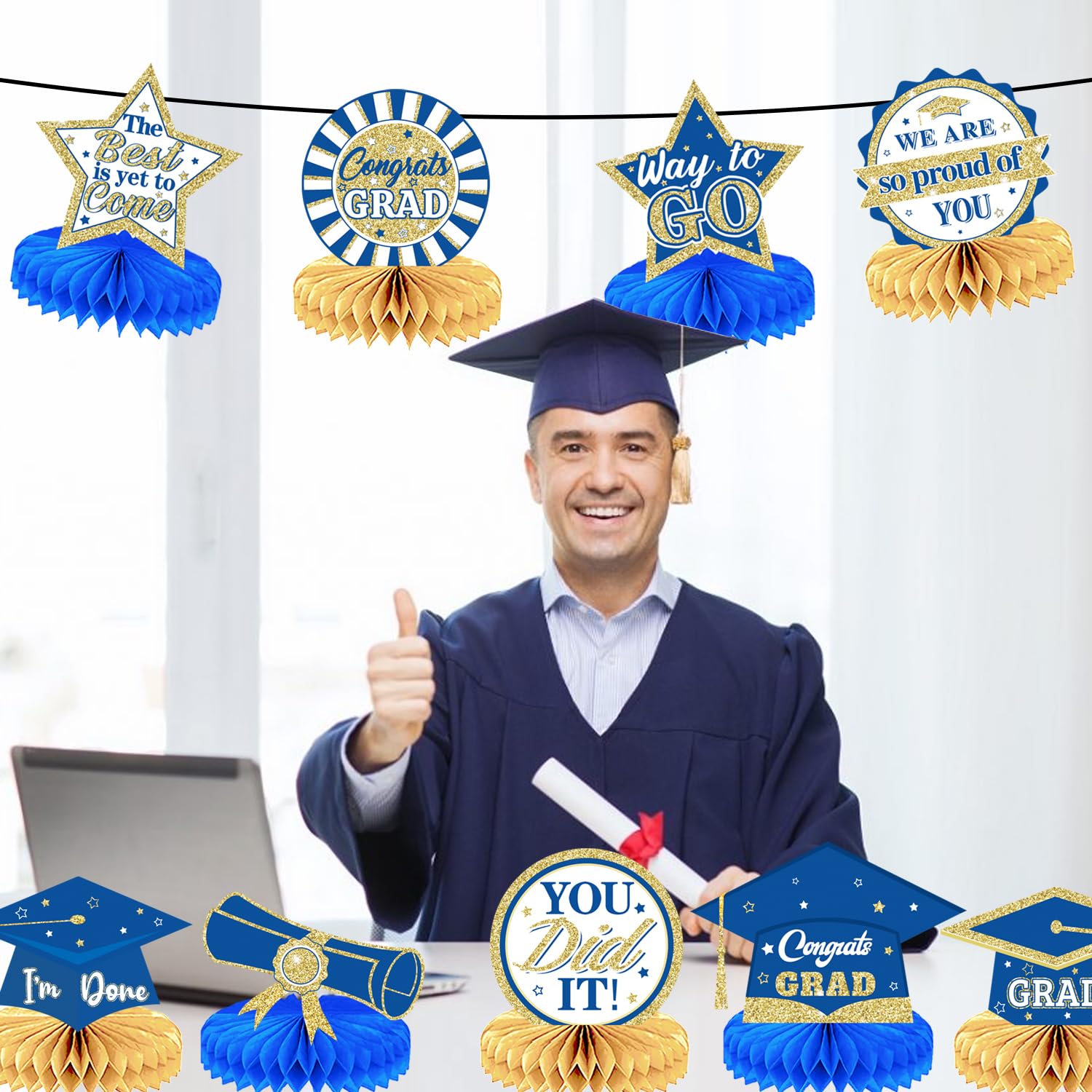 2025 Graduation Party Decorations - 9-Piece Blue & Gold Honeycomb Centerpieces for Graduation Ceremony, Congrats Grad Decor - Perfect for Graduation Party, School Events & Home Celebration