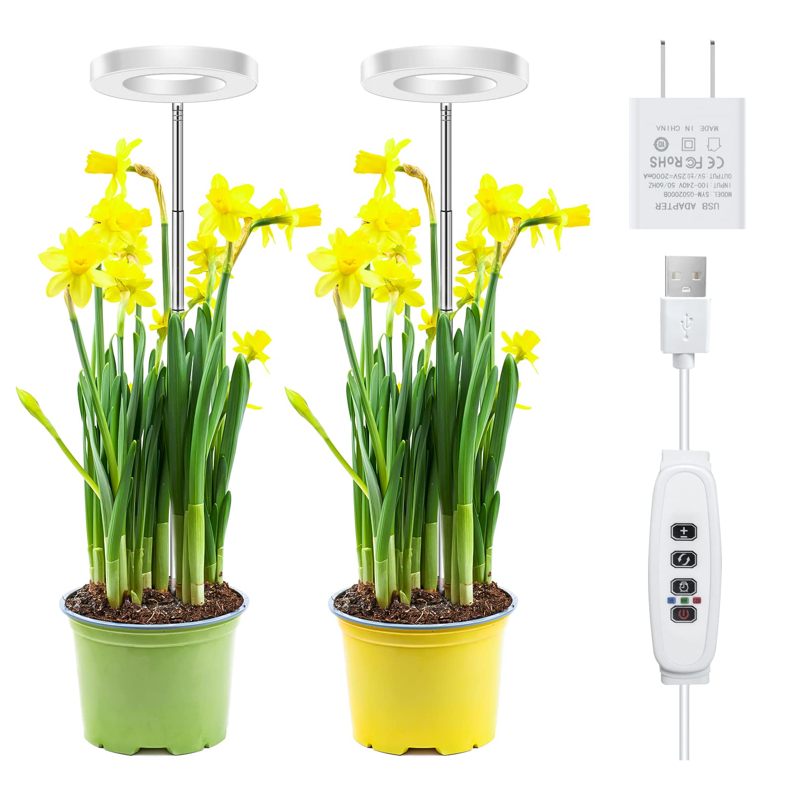 Dual Head Full Spectrum LED Grow Light for Indoor Plants - Adjustable Height Angel Ring Plant Growing Lamp with Auto Timer & 3 Color Halo - Perfect for Seedlings, Succulents, Herbs & Small Plants in Home, Office or Greenhouse
