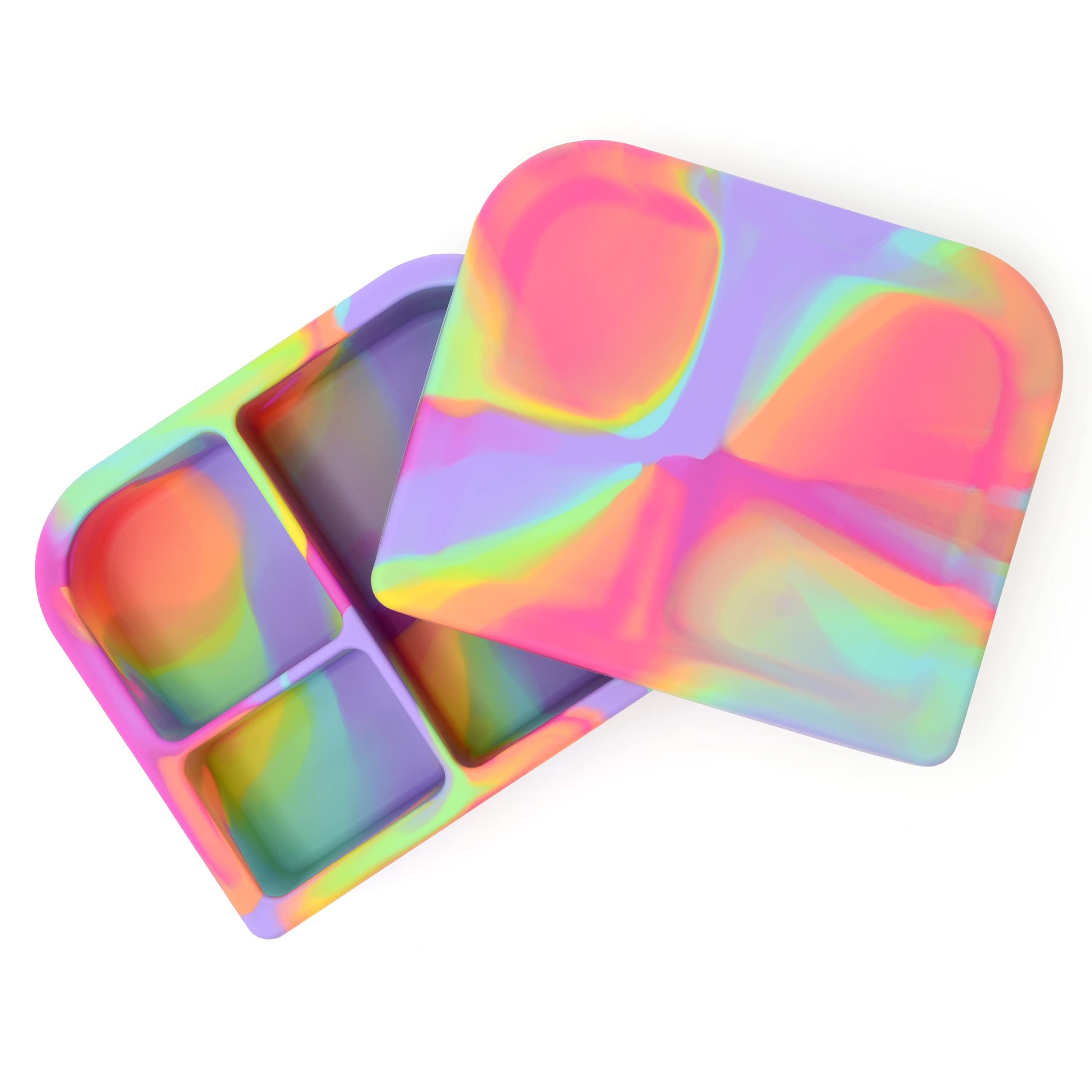 PrimaStella Unbreakable Silicone Lunch Box for Kids & Adults - Leak Proof Divided Bento Box with Lid (Rainbow Swirl) - Perfect for School, Office, Picnics & Meal Prep