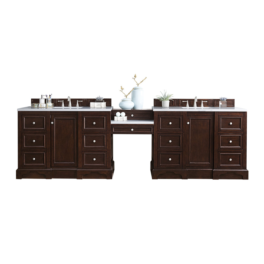 De Soto 118 Double Vanity Set with Makeup Table - Burnished Mahogany Finish & 3CM Classic White Quartz Top | Bathroom Vanity for Master Bath & Powder Room Remodel