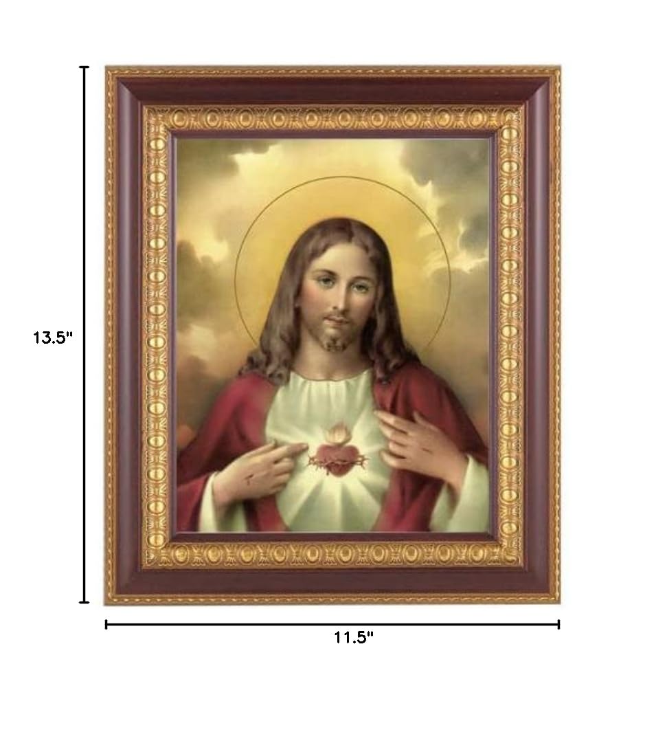 Sacred Heart of Jesus Framed Wall Art - Large Religious Home Decor with Dark Cherry & Gold Egg and Dart Frame - Perfect for Church, Prayer Room, or Catholic Home Decor