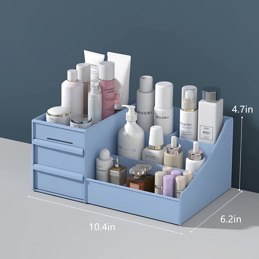 Vanity Makeup Organizer with Drawers - Cosmetic Storage for Lipstick, Brushes, Eyeshadow & Jewelry | Countertop Vanity Holder for Lotions, Nail Polish & Beauty Tools (Blue) - Perfect for Bedroom, Bathroom & Dressing Table Organization