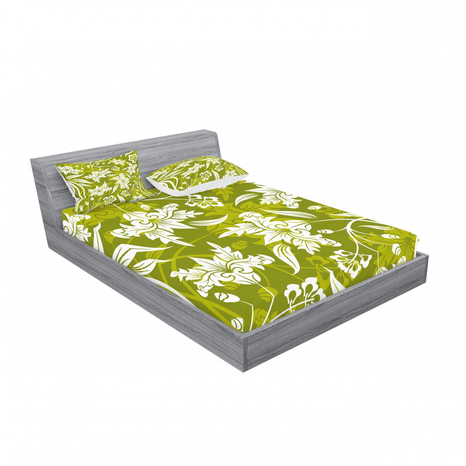 Ambesonne Floral Queen Size 2-Pack Fitted Sheet & Pillow Sham Set - Green Flower Pattern 4-Piece Bedding Decor (2 Fitted Sheets + 4 Pillow Covers) in Pale Green & White | Soft Cotton Blend for Guest Room, Master Bedroom & Vacation Home Decor