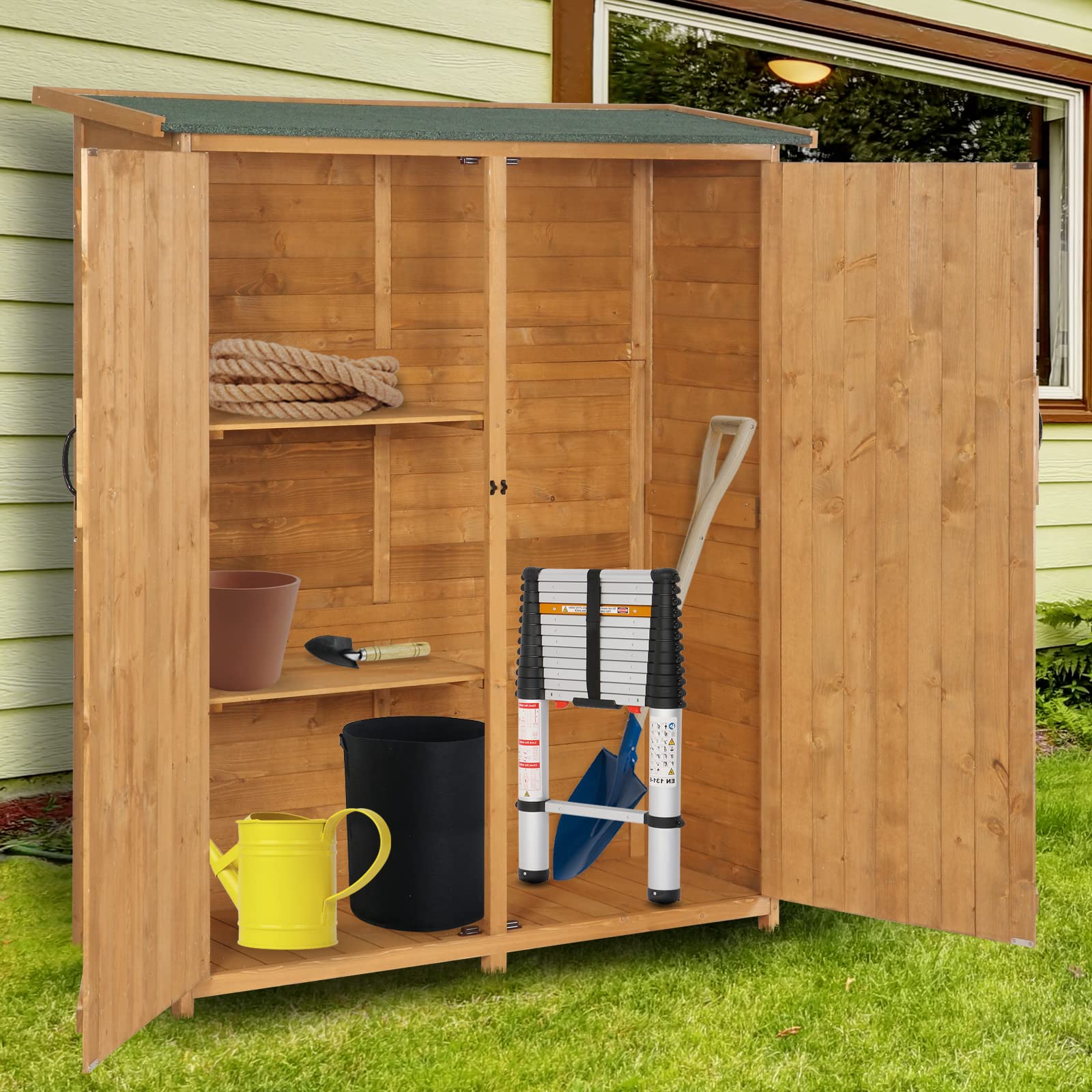 VINGLI Upgraded Extra Large Outdoor Wooden Storage Shed - Weatherproof Garden Tool Cabinet with 2 Safety Latches | Perfect for Organizing Lawn Equipment, Yard Tools & Patio Furniture | Durable Teak Wood Construction for Backyard, Garden & Outdoor Storage Needs