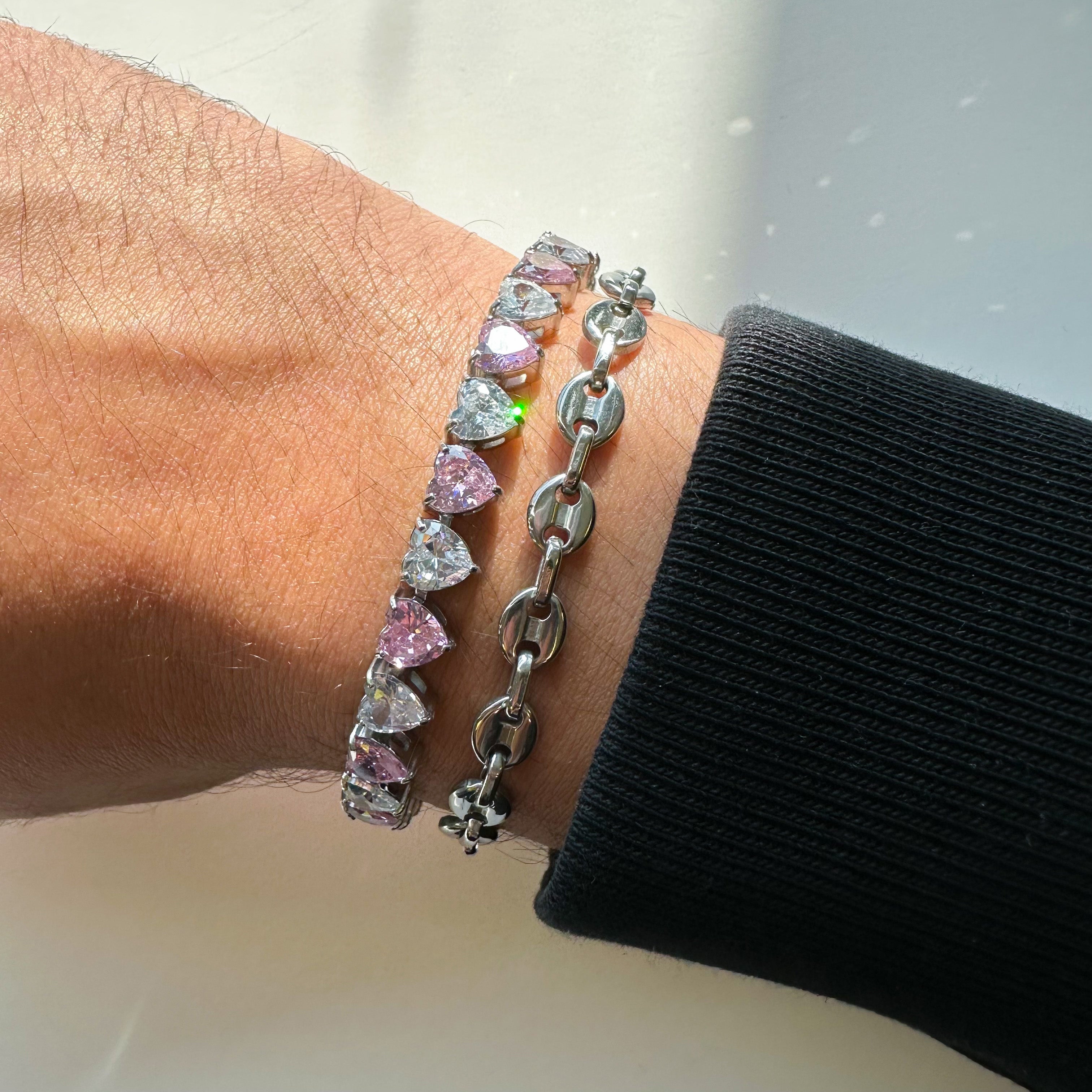 Pink & White Heart Tennis Bracelet for Women - Stainless Steel Elegant Jewelry - Perfect for Valentine's Day, Anniversary & Romantic Gifts