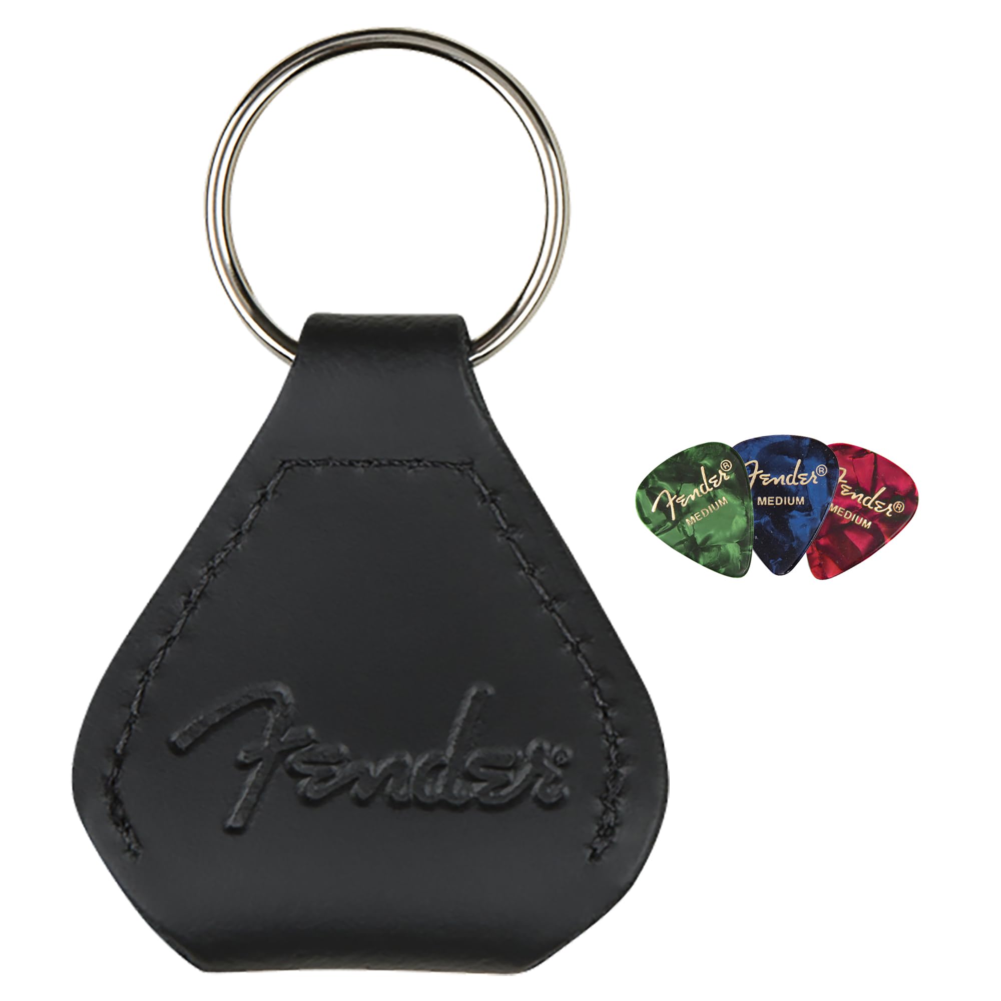 Fender Leather Guitar Pick Holder Keychain with 5 Assorted Picks - Perfect for Guitarists, Musicians & Music Lovers - Great for Gigs, Practice & On-the-Go Play