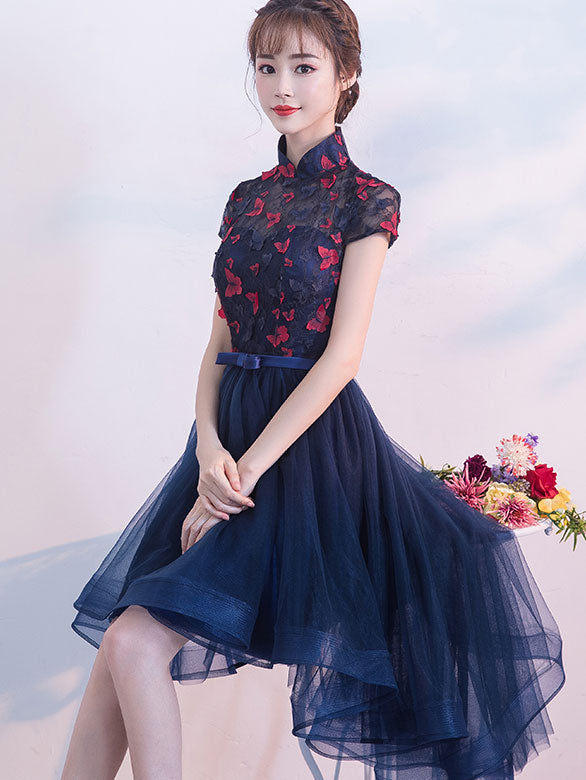 Elegant Blue A-Line Qipao Cheongsam Dress with Flattering Dip Hem - Vintage Chinese Style Evening Gown for Parties, Weddings & Special Occasions
