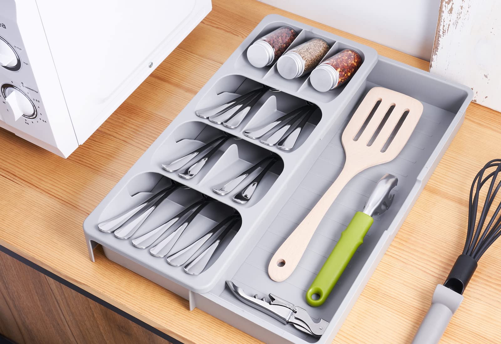 2-Pack Expandable Kitchen Drawer Organizer Set - Adjustable Cutlery Tray & Utensil Holder - Gray Drawer Dividers for Silverware, Flatware, Knives, Spoons - Perfect for Kitchen Organization & Space Saving