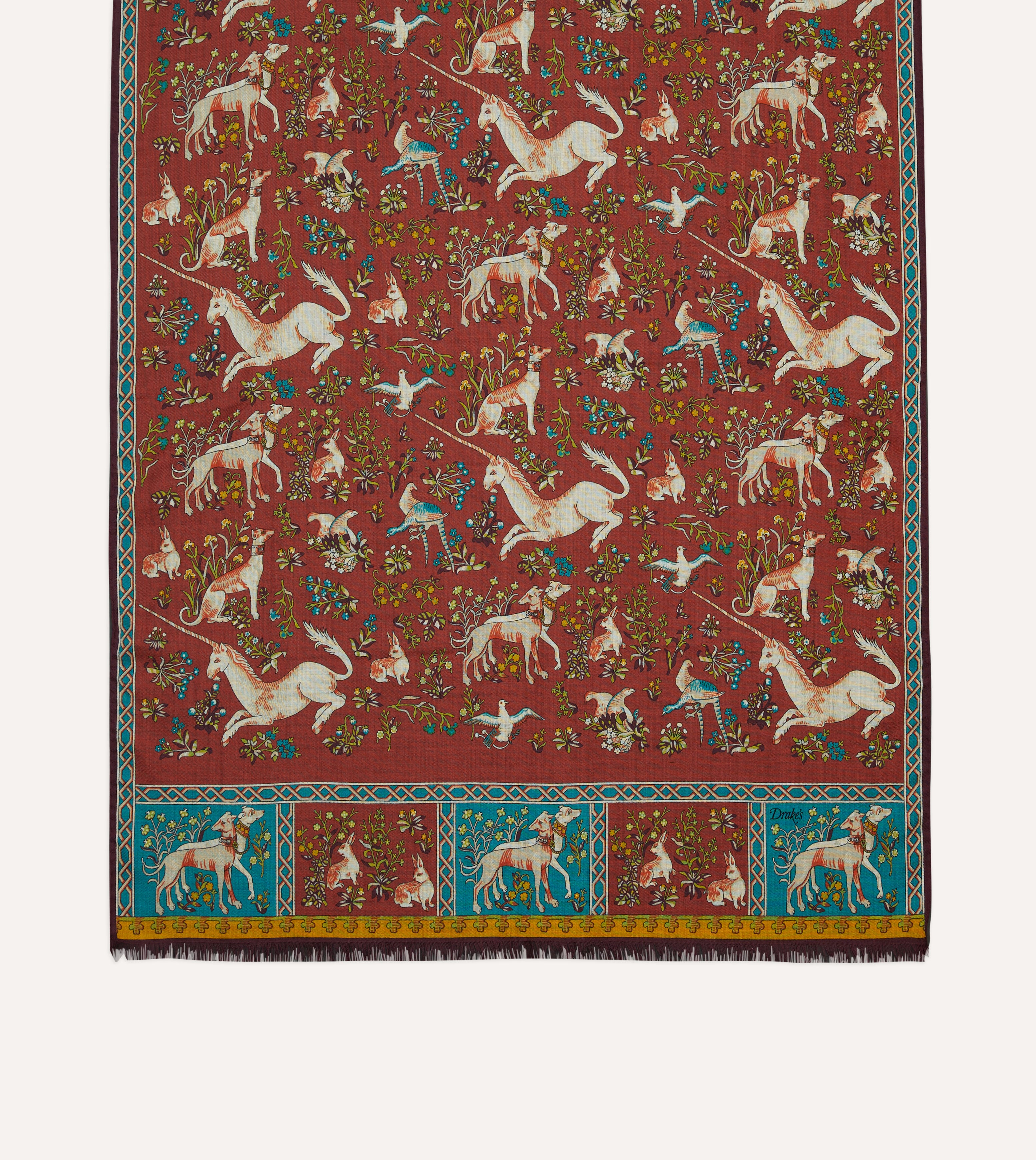 Red Unicorn Tile Print Wool Silk Scarf - Elegant Winter Fashion Accessory for Women, Gift for Her, Perfect for Holidays, Parties & Office Wear