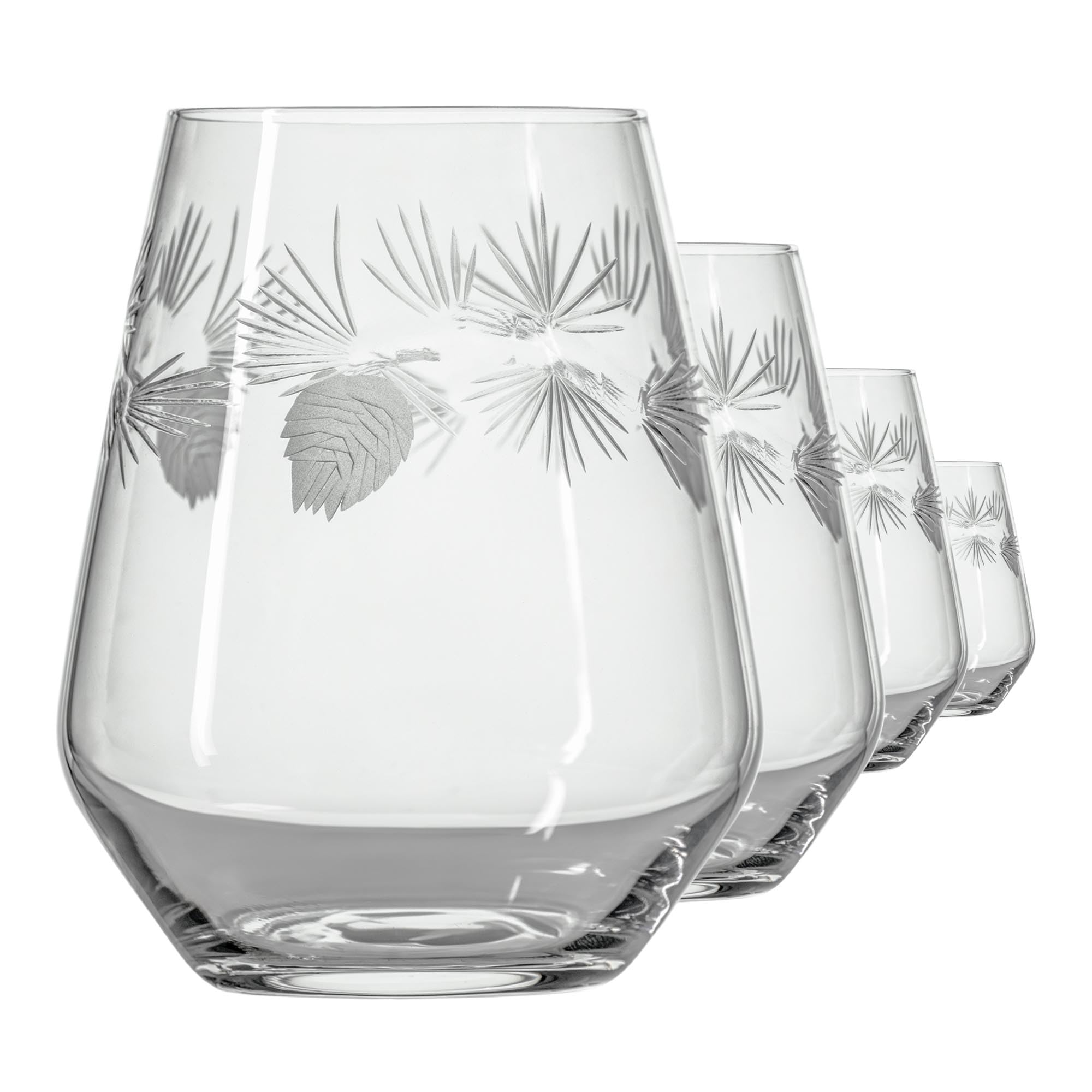 Premium Rolf Glass Icy Pine Stemless Wine Tumbler Set of 4 - 18oz Lead-Free Etched Glassware - Elegant Stemless Wine Glasses Made in USA - Perfect for Dinner Parties, Wine Tasting & Home Entertaining