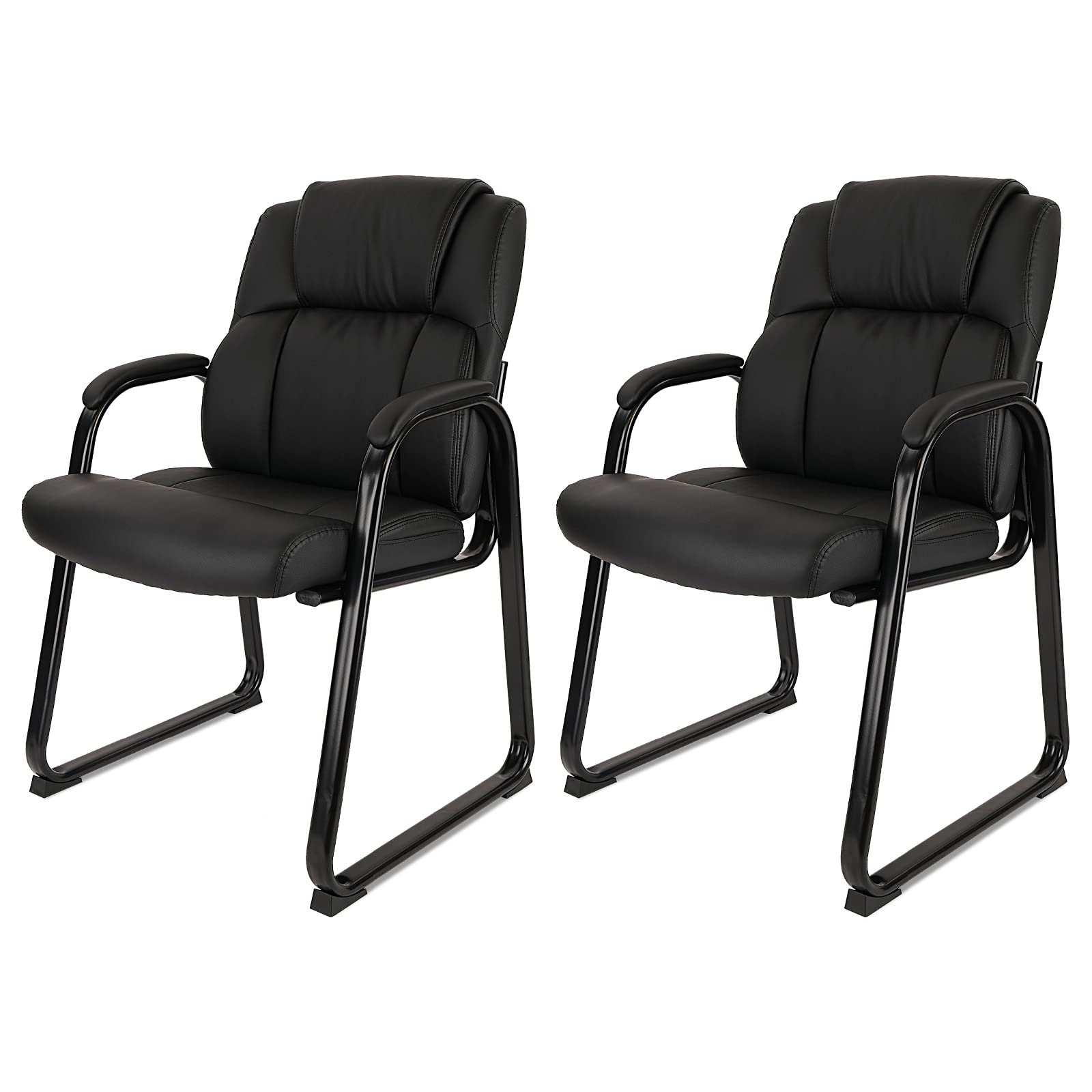 CLATINA Classic Leather Soft Reception Chair with Padded Armrests & Sled Base - Executive Guest Chair for Office, Computer Desk, Conference, Waiting & Meeting Room - Black (2 Pack) - Perfect for Corporate Lobbies, Dental Clinics & Hotel Reception Areas
