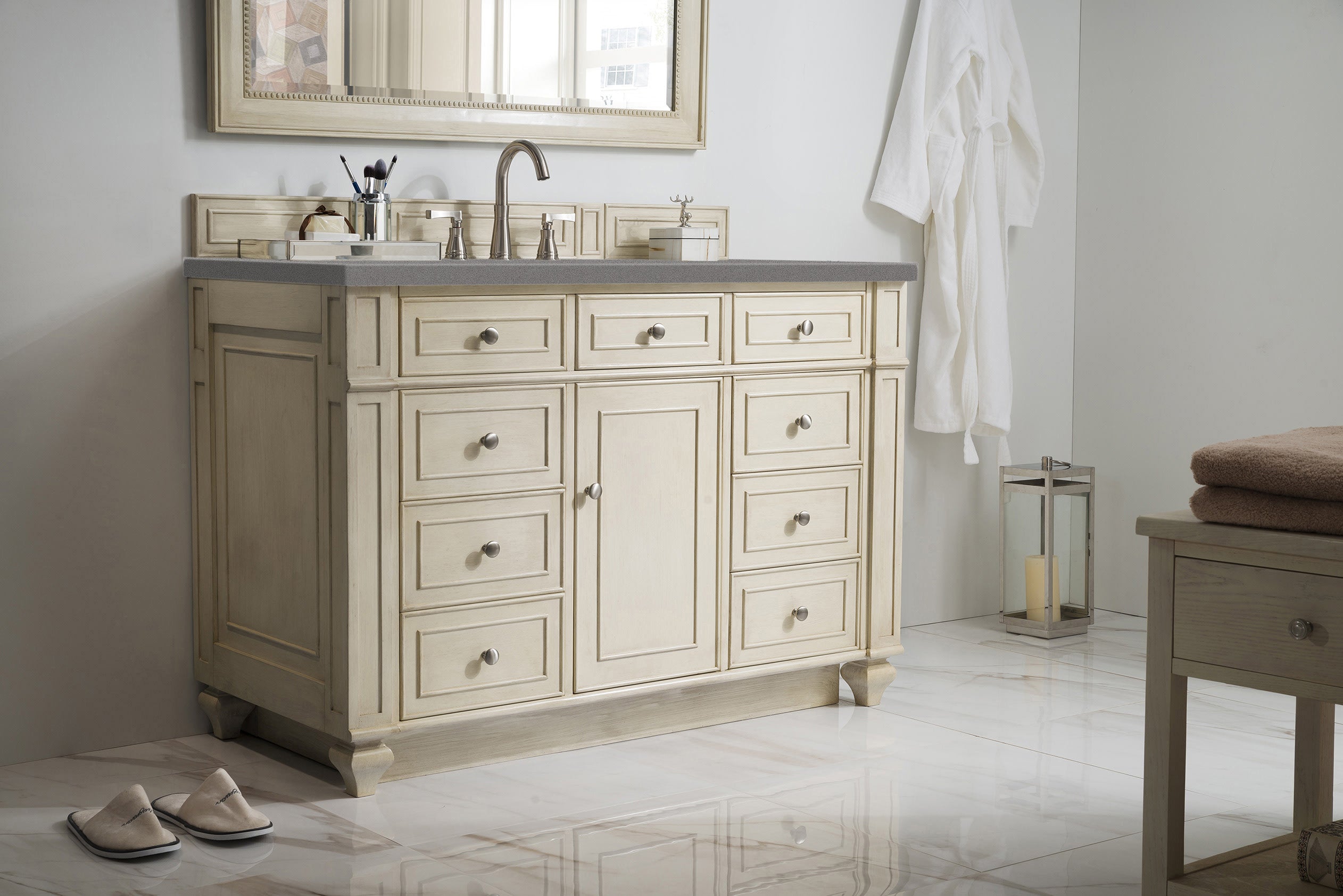 Bristol 48 Inch Single Bathroom Vanity Set with 3CM Grey Expo Quartz Countertop in Vintage Vanilla - Perfect for Modern Farmhouse & Coastal Bathroom Designs
