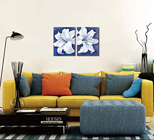White Floral Canvas Wall Art - Modern Blue-Purple Bloom Painting for Dining Room Decor