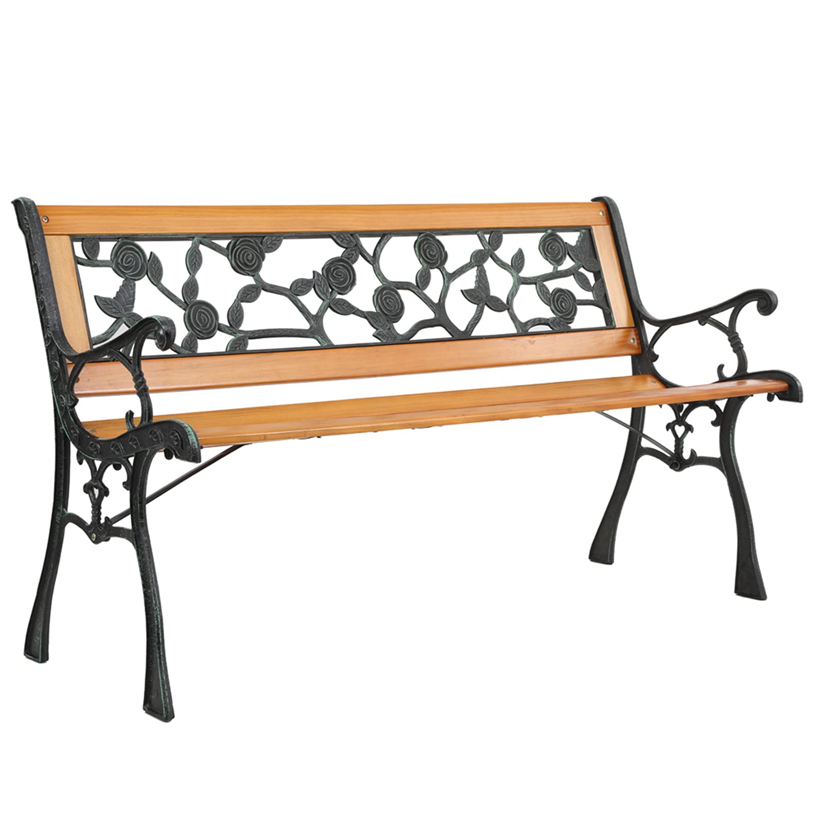 Stylish Hardwood Garden Bench with Cast Iron Rose Design - Perfect for Patio, Front Porch, Park, Deck, Yard & Balcony Outdoor Furniture (Style 1) - Ideal for Relaxing, Entertaining & Enhancing Outdoor Spaces