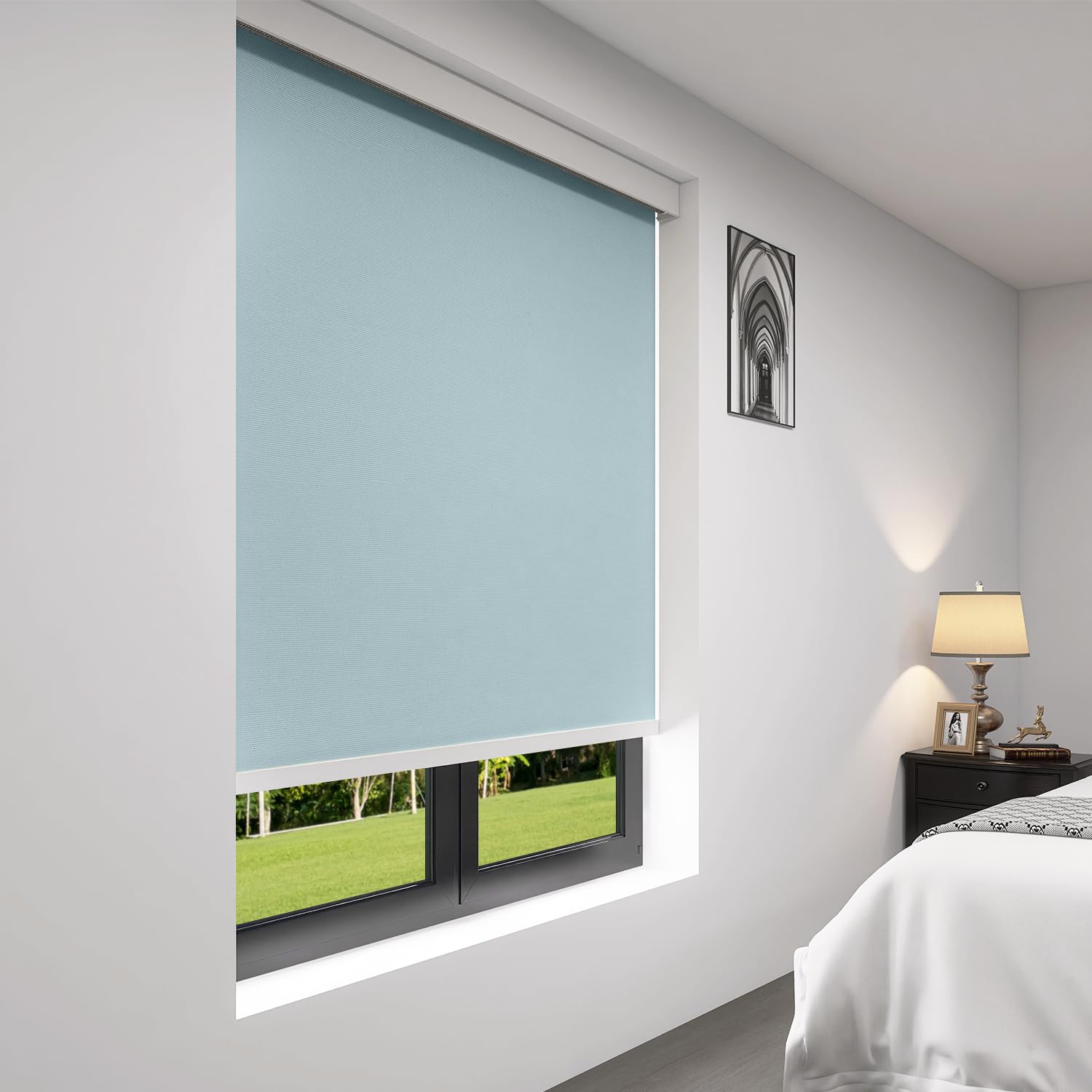 Custom Cordless Blackout Shades - Light Blue Waterproof Roller Blinds for Windows (20-90 Inches Wide) | Perfect for Bedrooms, Kids' Rooms & Office Privacy | Noise Reduction & Light Blocking Window Treatment