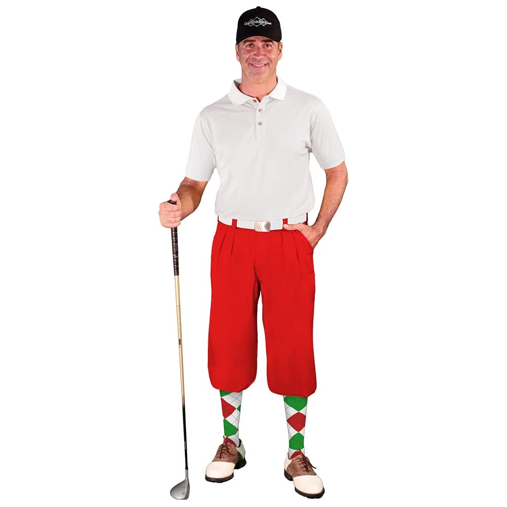 **Men's Golf Outfit Set - Red Microfiber Knickers, Limited Edition Ball Cap, Argyle Over-The-Calf Socks & White Golf Shirt | Perfect for Golf Tournaments & Casual Wear**