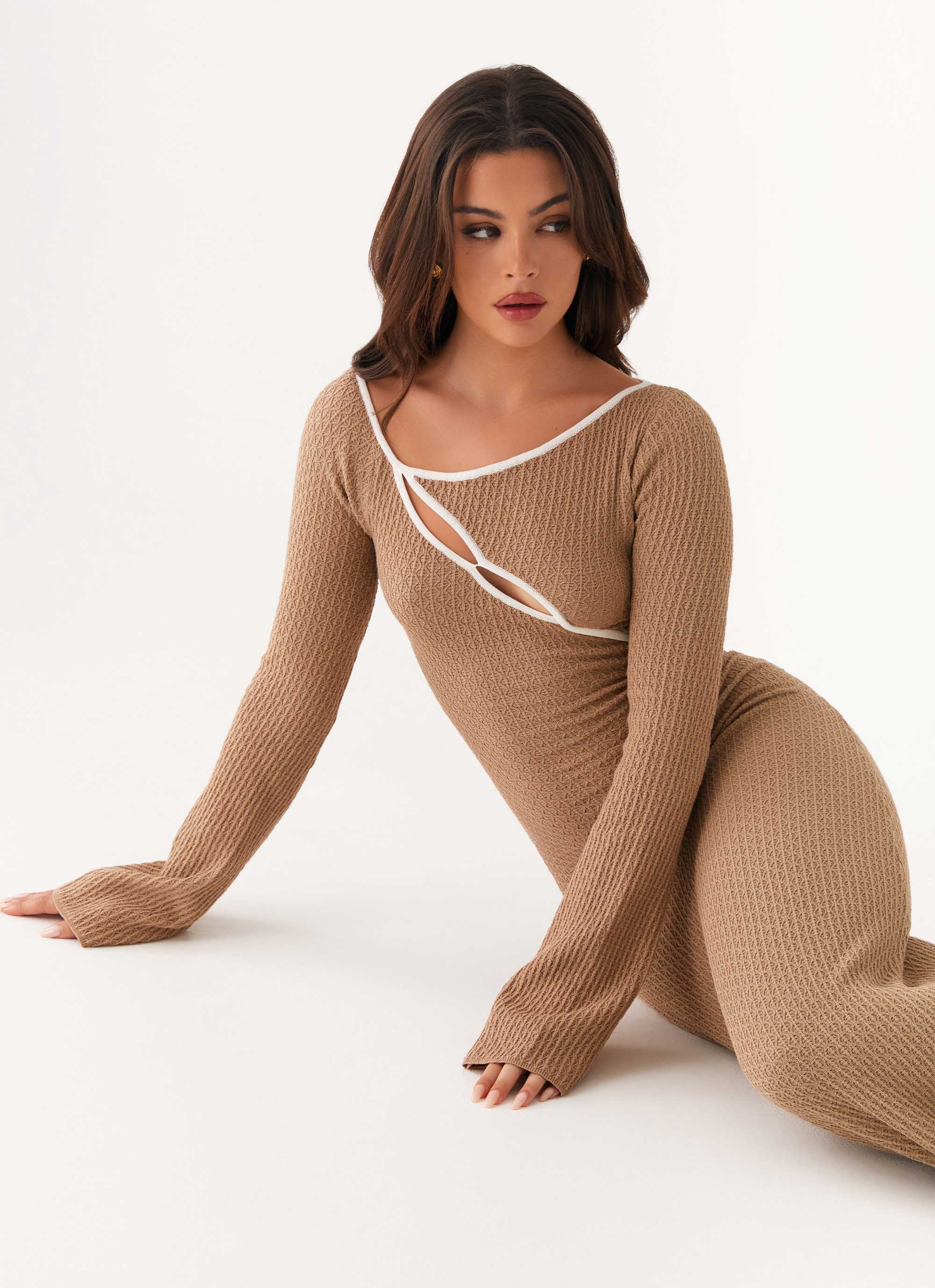 Hilary Crochet Maxi Dress in Tan - Boho Chic Summer Beach Dress for Women, Perfect for Vacations, Weddings & Outdoor Parties