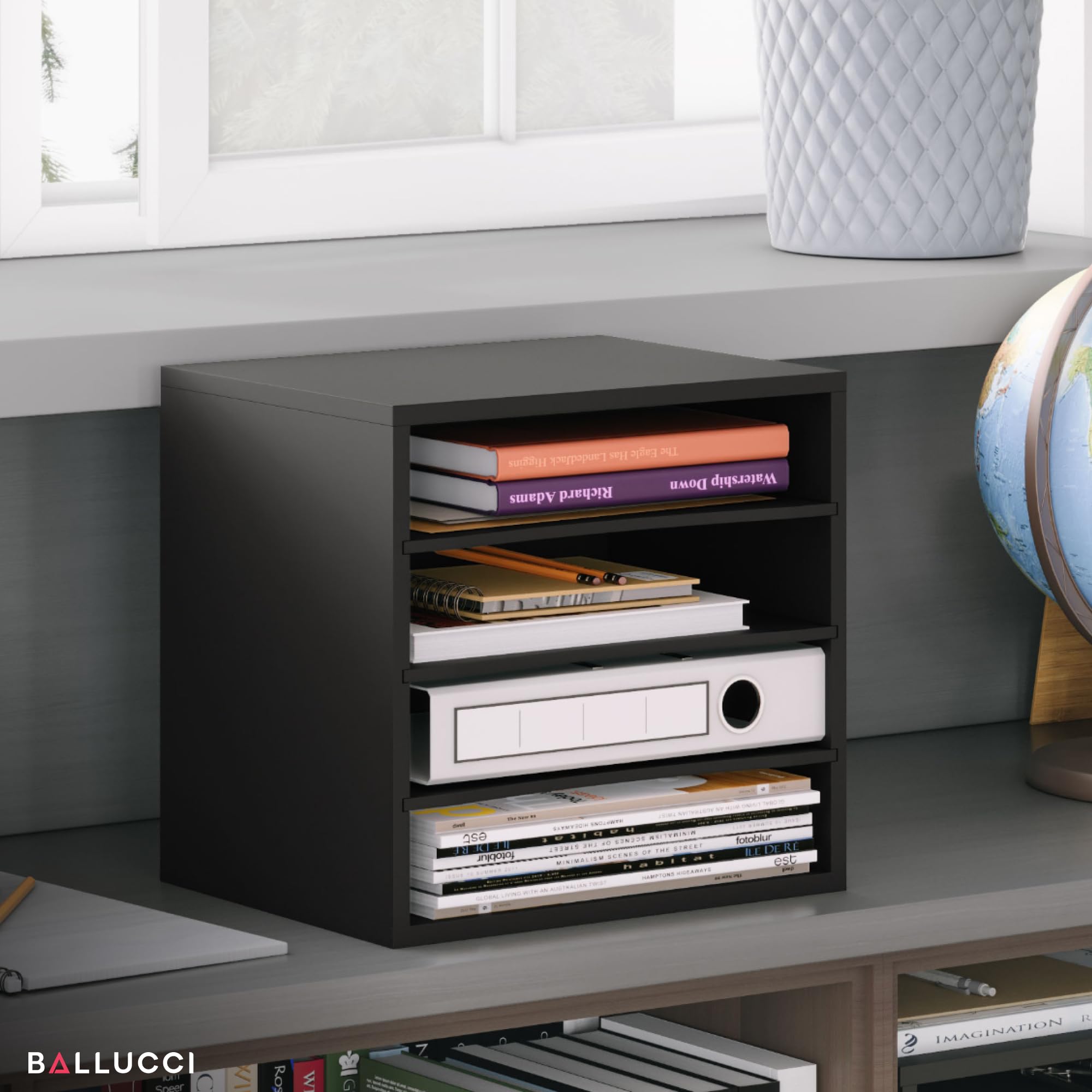 Ballucci 4-Tier Stackable Paper Organizer Tray - Black Desk Storage Shelves for Letter Paper, Documents & Files | Perfect for Office, Classroom & Home Workspace Organization