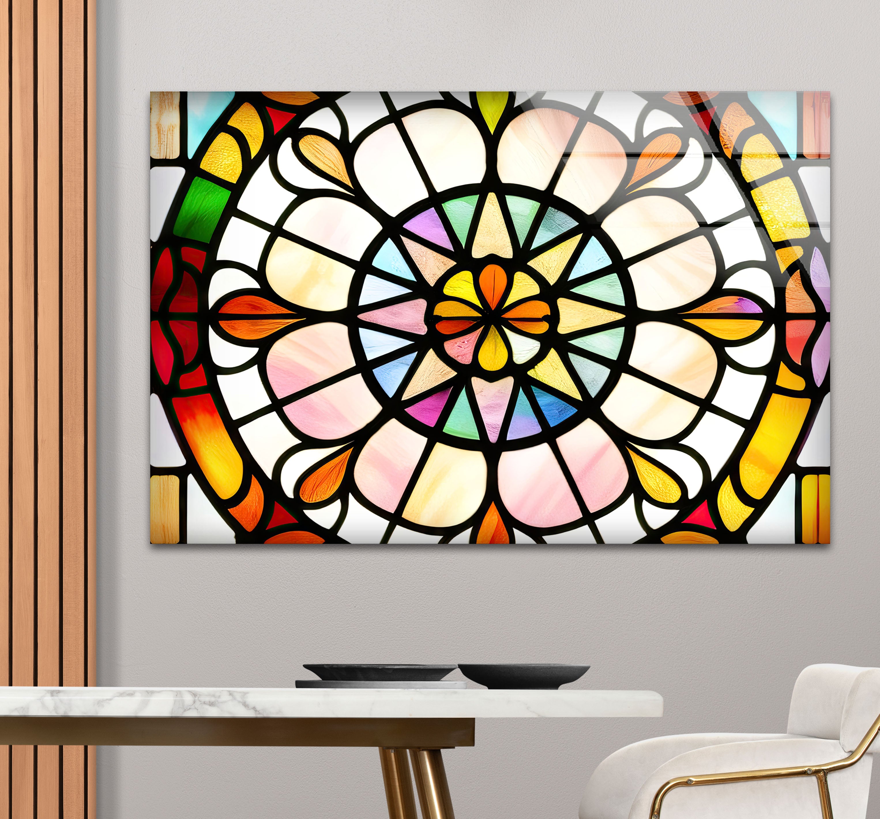 Vibrant Stained Glass Wall Art - Handcrafted Rose Window Design for Home Decor, Church & Wedding Venue