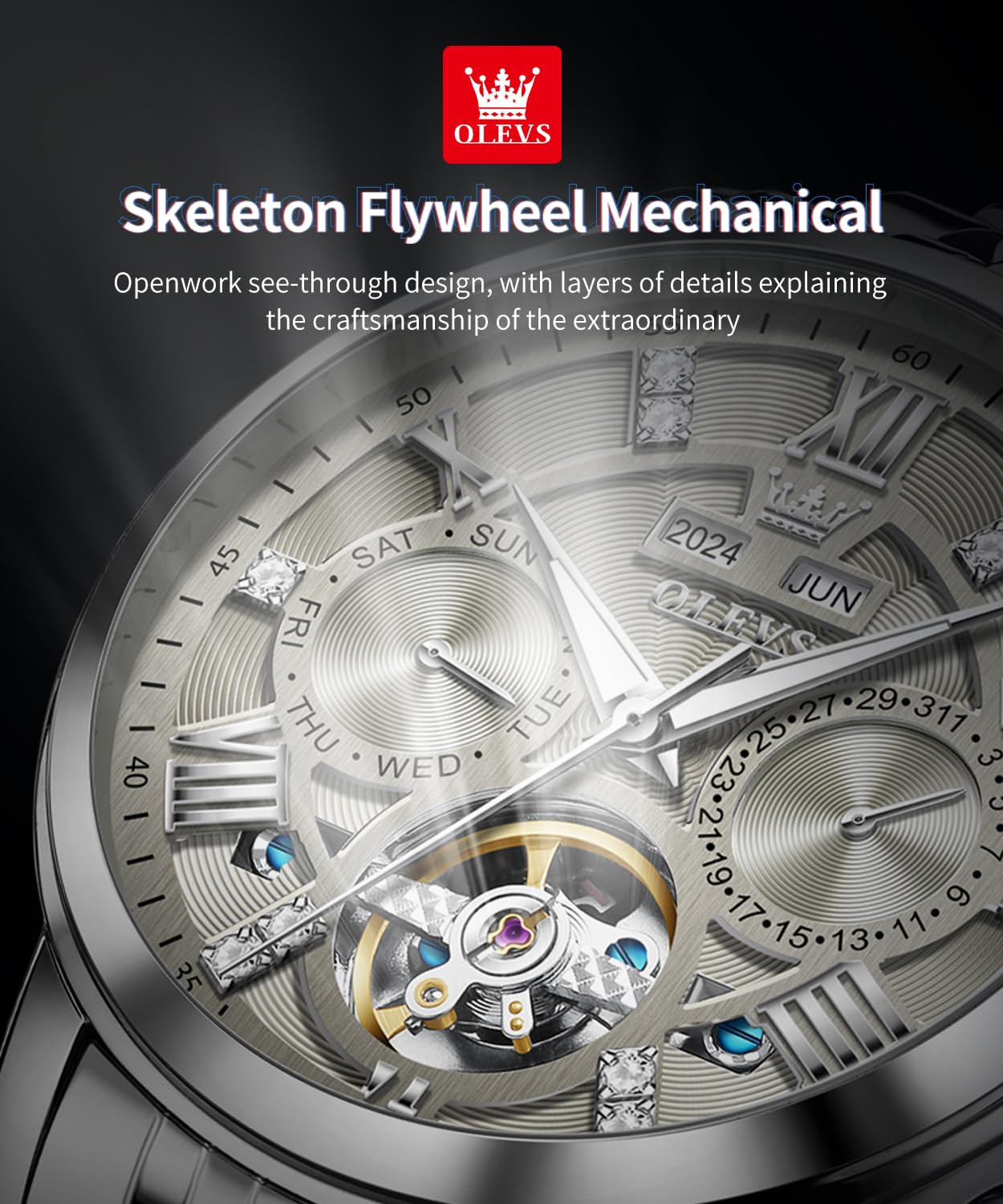 OLEVS Men's Automatic Luxury Gold Diamond Dress Watch - Self-Winding Mechanical Skeleton Tourbillon Stainless Steel Wristwatch for Business, Formal & Special Occasions