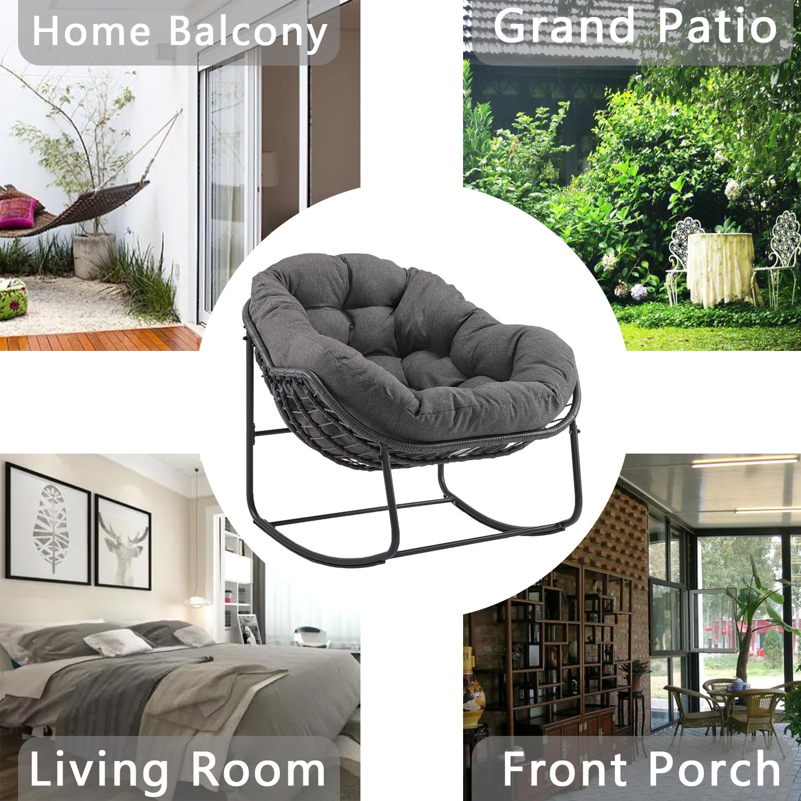 Papasan Rocking Chair with Thick Cushion - Indoor/Outdoor Comfy Patio Chair with Upgraded Steel Frame & Oversized Wicker Design - Perfect for Front Porch, Garden, Bedroom, Living Room (Grey) - Ideal for Relaxing, Reading & Sunbathing