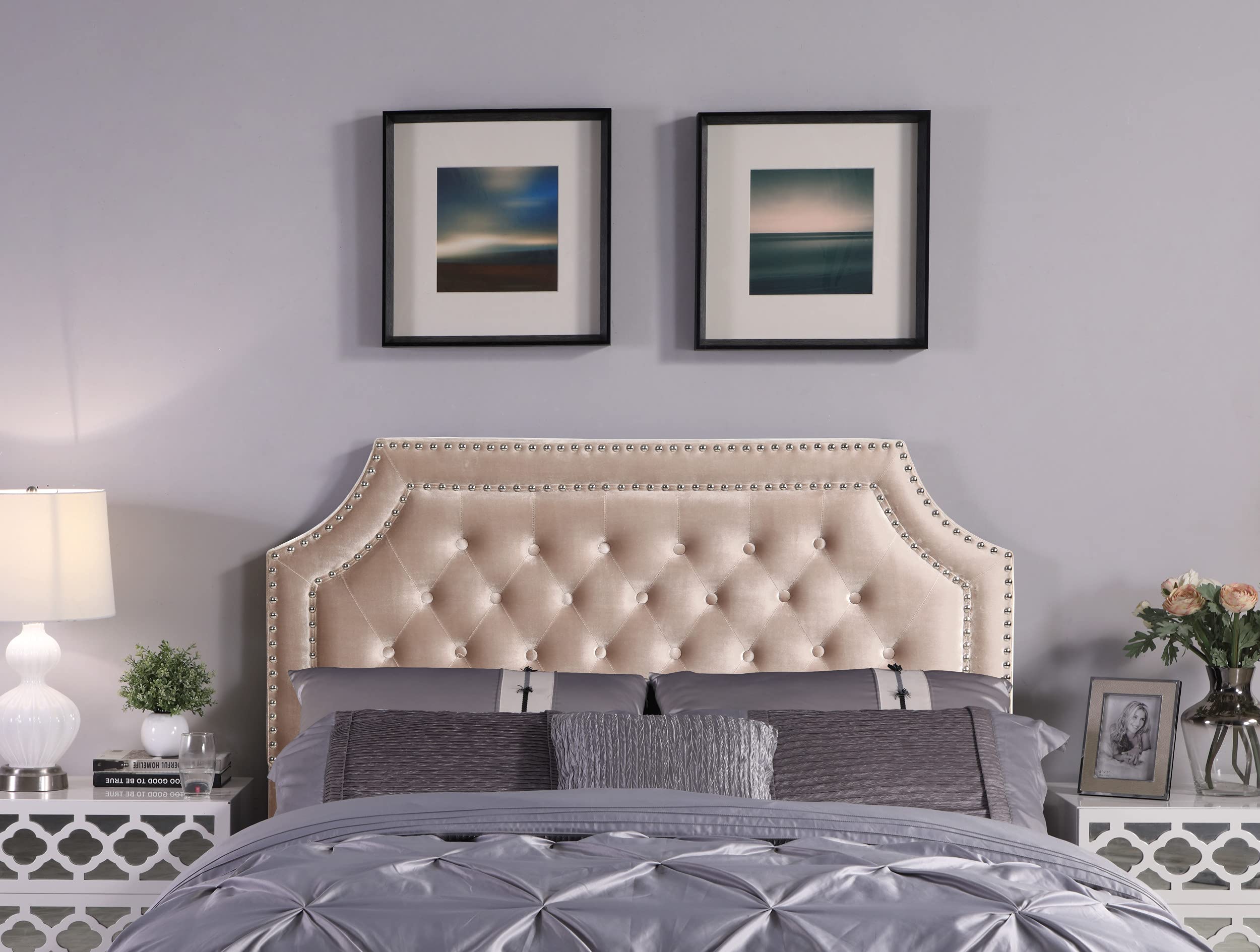 Chava Velvet Upholstered Headboard with Button Tufting & Silver Nailhead Trim - Modern Transitional Twin Size Bed Frame in Taupe - Perfect for Bedroom Makeovers & Guest Room Decor