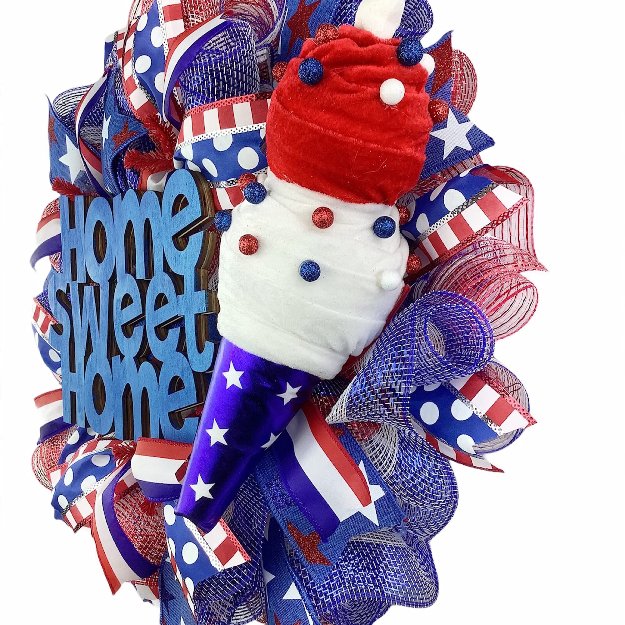 Handcrafted Patriotic 'Home Sweet Home' Ice Cream Wreath - Red White & Blue Front Door Decor for Independence Day & July 4th Celebrations - Perfect for Outdoor Summer Parties & American Holiday Home Decor
