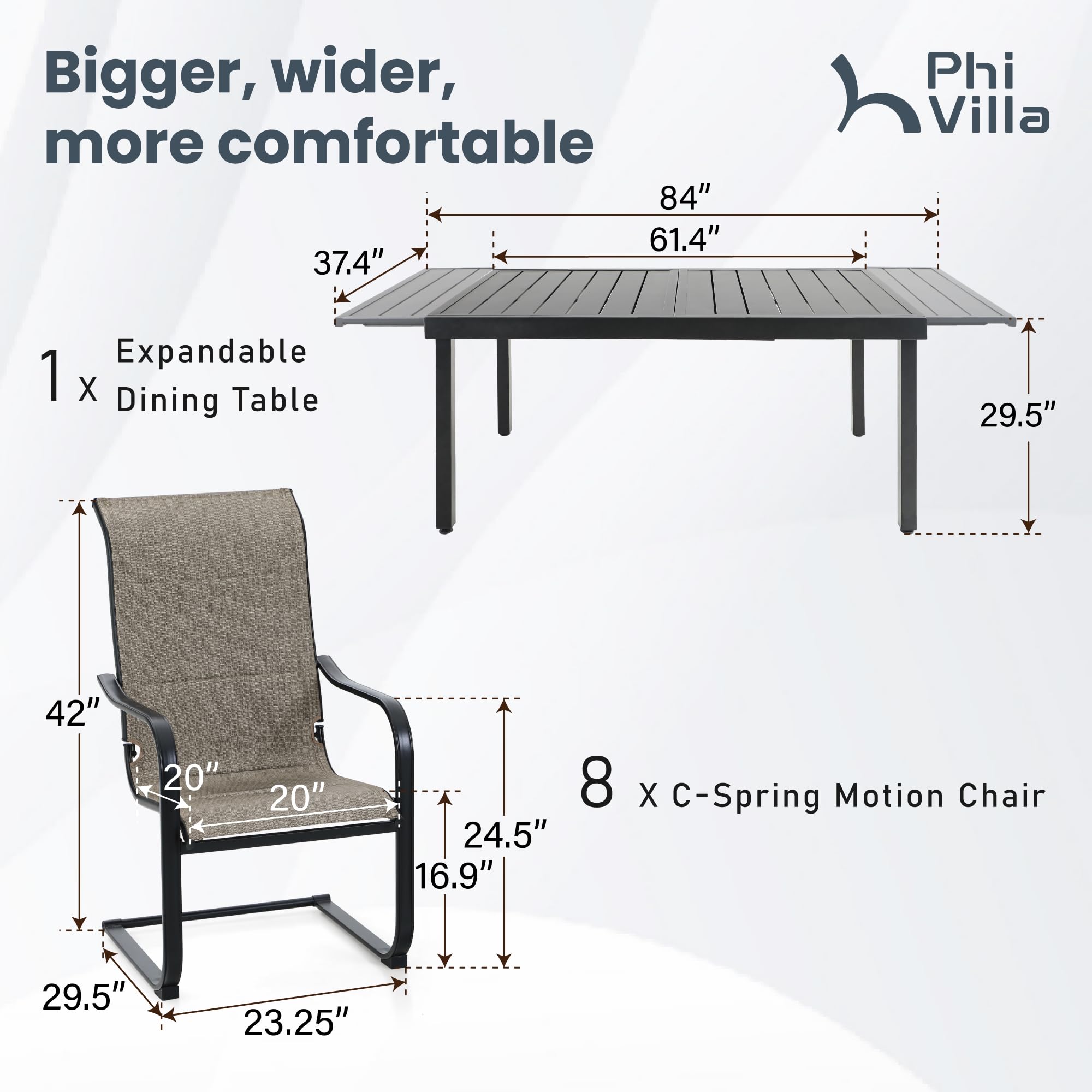 PHI VILLA 9-Piece Outdoor Patio Dining Set - Expandable Metal Table & 8 Cushioned Textilene Chairs with Gentle Rocking Motion - Durable Weather-Resistant Furniture for Backyard, Deck, Garden (Perfect for Outdoor Entertaining & Family Gatherings)