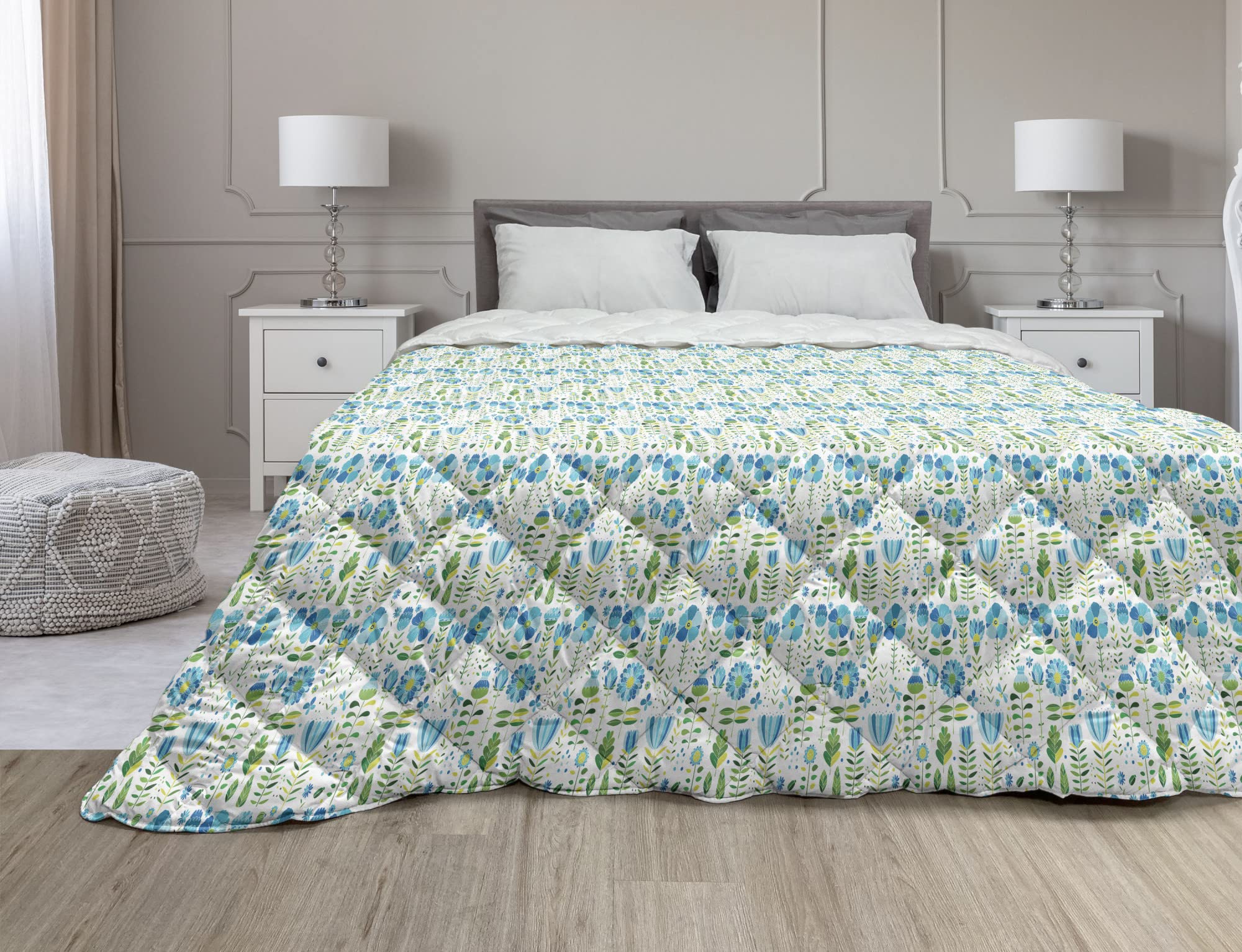 Ambesonne Floral Down Alternative Comforter - Botanical Tulip Dandelion Spring Design Microfiber All-Season Quilt | Twin Size in Sky Blue & Lime Green | Perfect for Bedroom Decor, Guest Room & Dorm Essentials