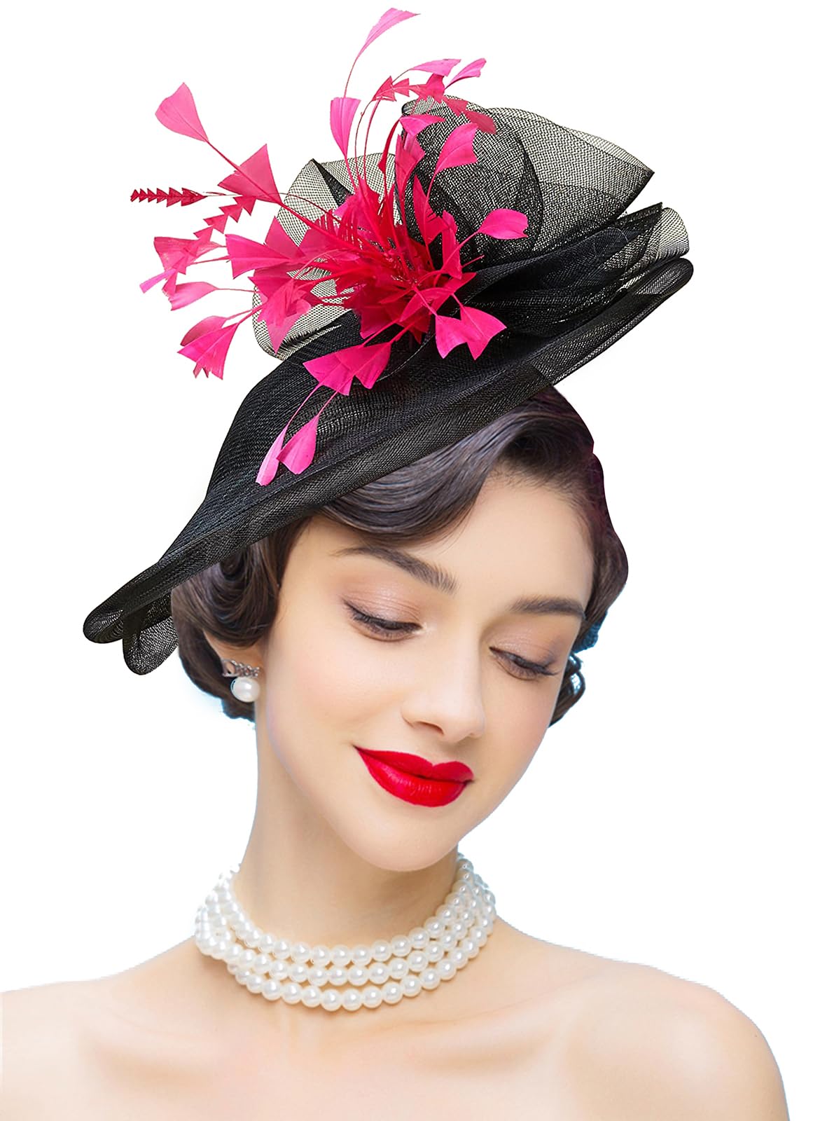 Elegant Sinamay Fascinator Hat with Floral Feathers - Women's Pillbox Derby Hat for Weddings, Tea Parties & Special Events - Adjustable Headband Clip for Secure Fit - Perfect for Bridal, Royal Ascot & Formal Occasions