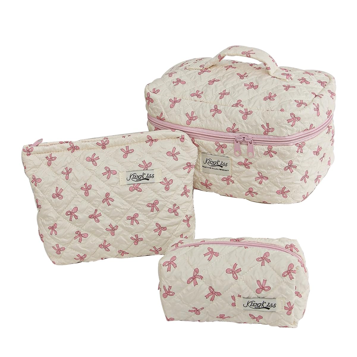 3 Pcs Cotton Floral Makeup Bag Set - Quilted Cosmetic Organizer with Bow for Women & Girls | Perfect for Travel, Gym, and Daily Beauty Storage