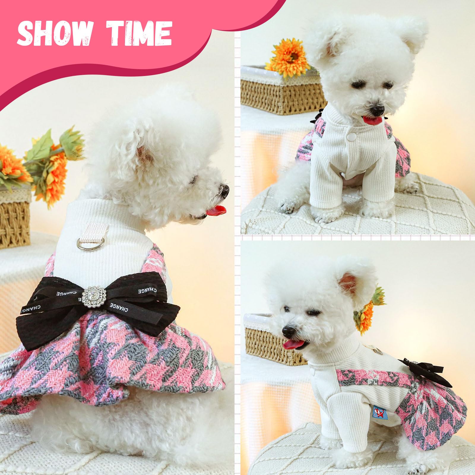 Soft Warm Winter & Spring Dog Dress for Small Dogs - Cute Bowknot Harness with Leash Ring, Fancy Knitted Bird Plaid Design - Valentine's Outfits for Chihuahua, Puppy & Cat (Pink, Small) - Perfect for Daily Walks, Photo Shoots & Special Occasions